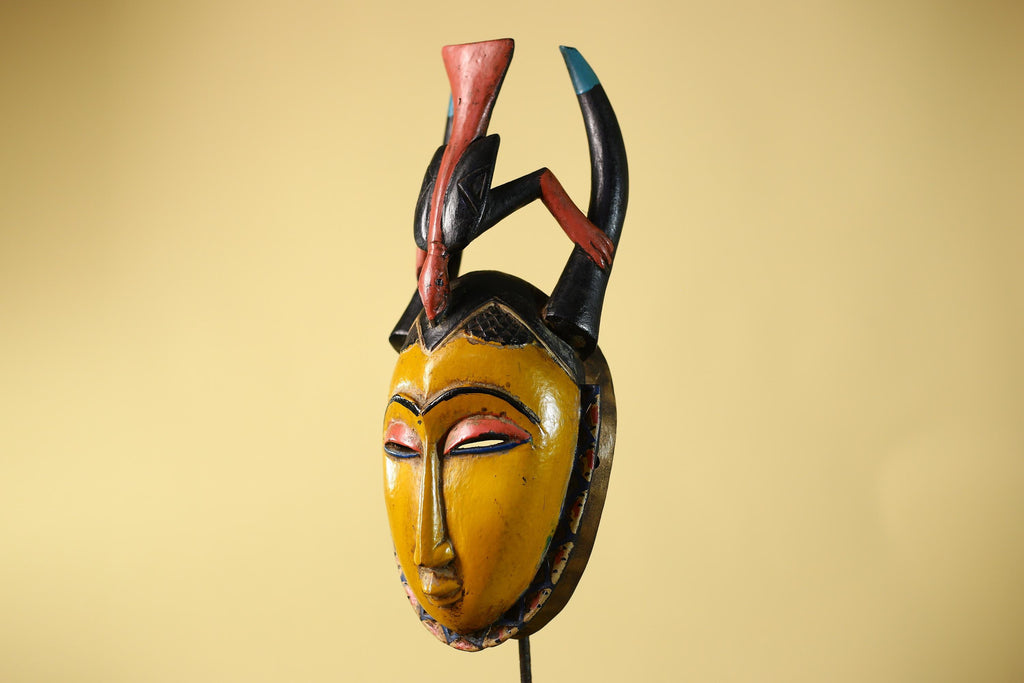 African Mask Baule Horned Crest Wooden Art Tribal Wall Decor-G6117