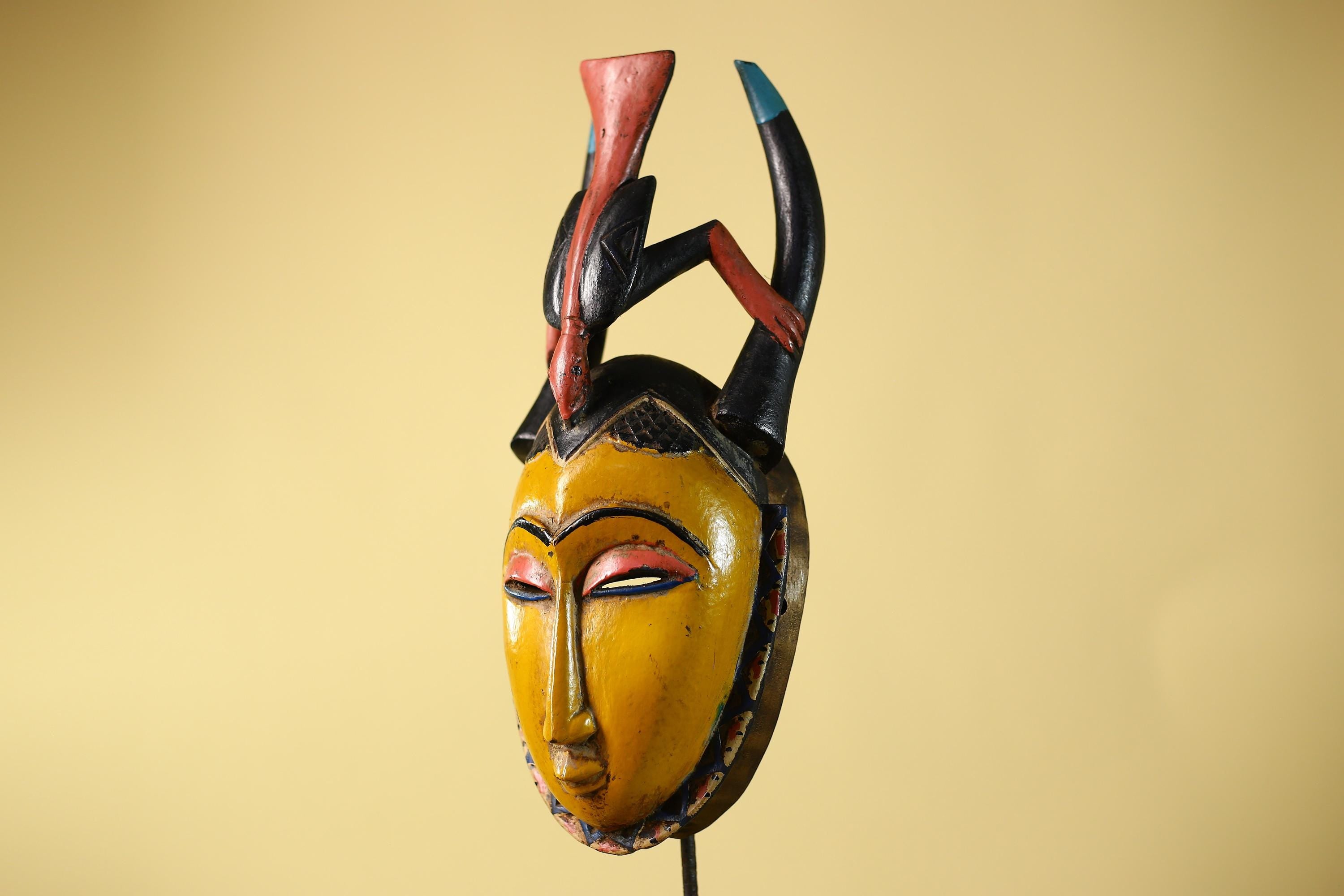 African Mask Baule Horned Crest Wooden Art Tribal Wall Decor-G6117