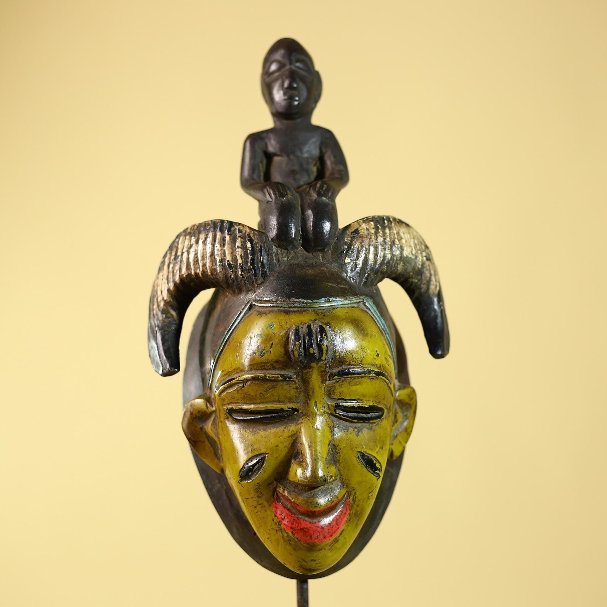 Hand Carved Baule Figure Crest Wooden African Art Tribal Wood Sculpture-G6119