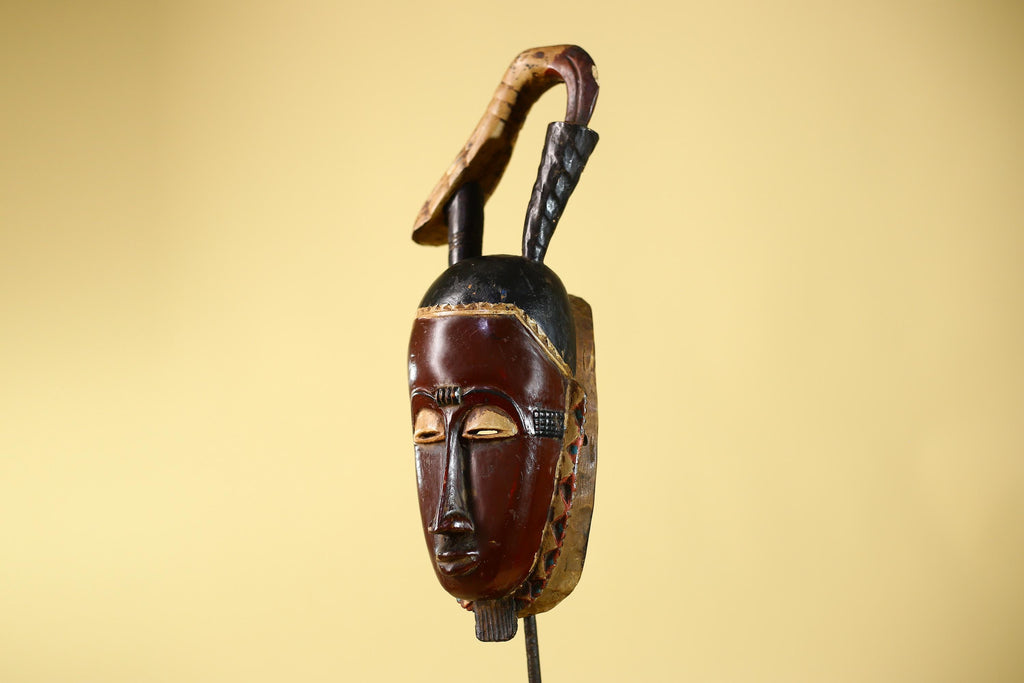 Hand Carved Baule Hooked Crest Wooden Tribal Mask Rare Collector Piece-G6120