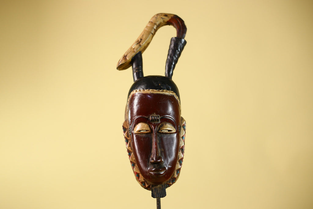 Hand Carved Baule Hooked Crest Wooden Tribal Mask Rare Collector Piece-G6120