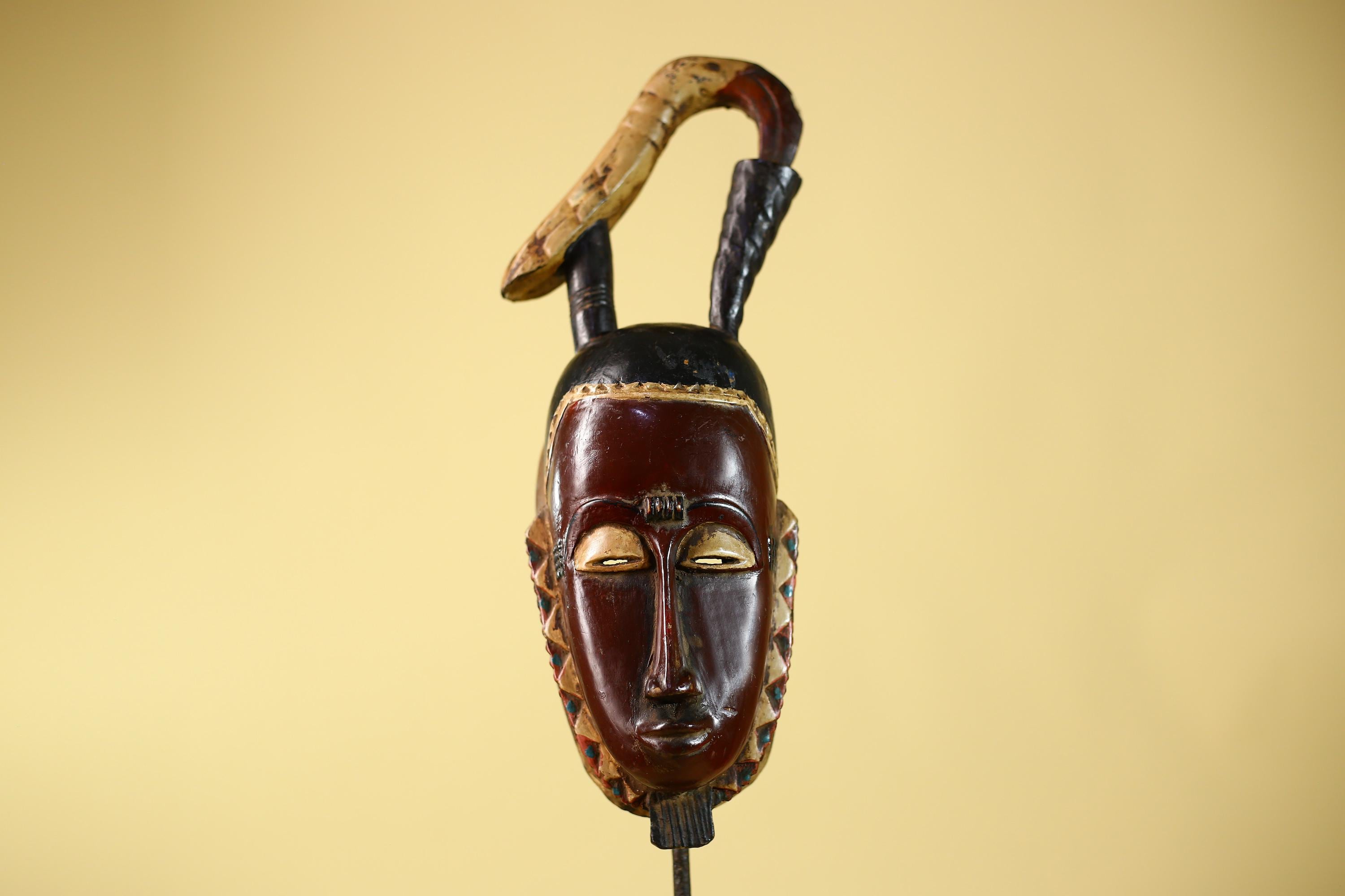 Hand Carved Baule Hooked Crest Wooden Tribal Mask Rare Collector Piece-G6120