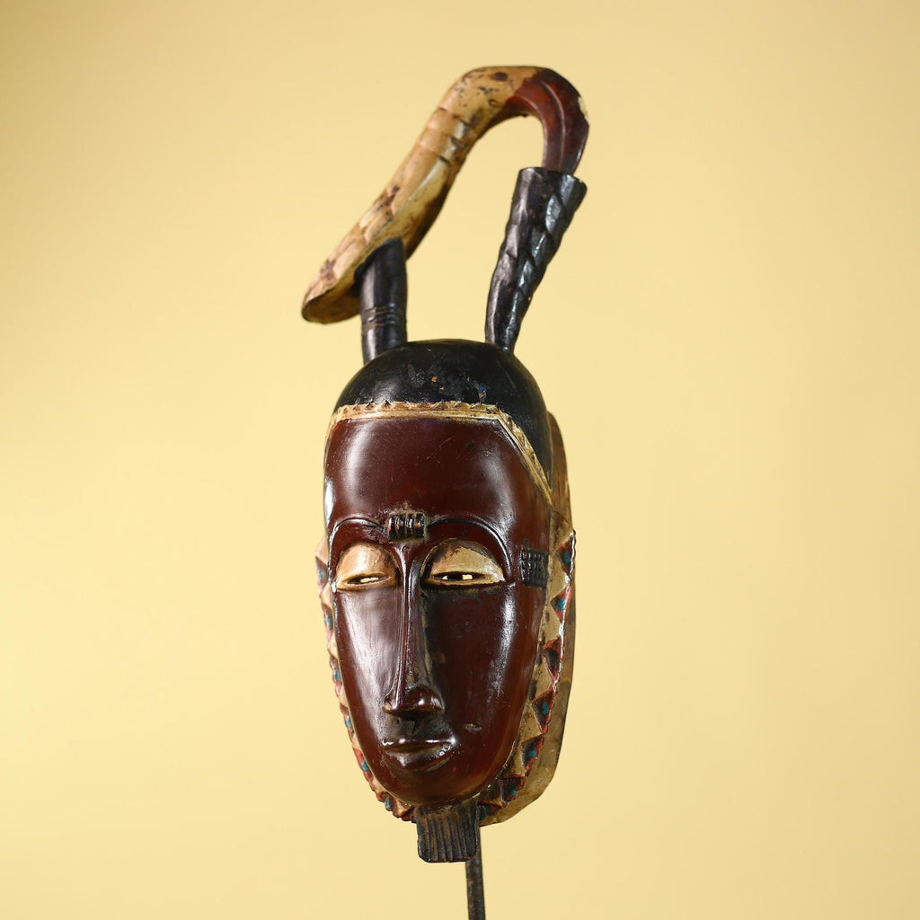 Hand Carved Baule Hooked Crest Wooden Tribal Mask Rare Collector Piece-G6120