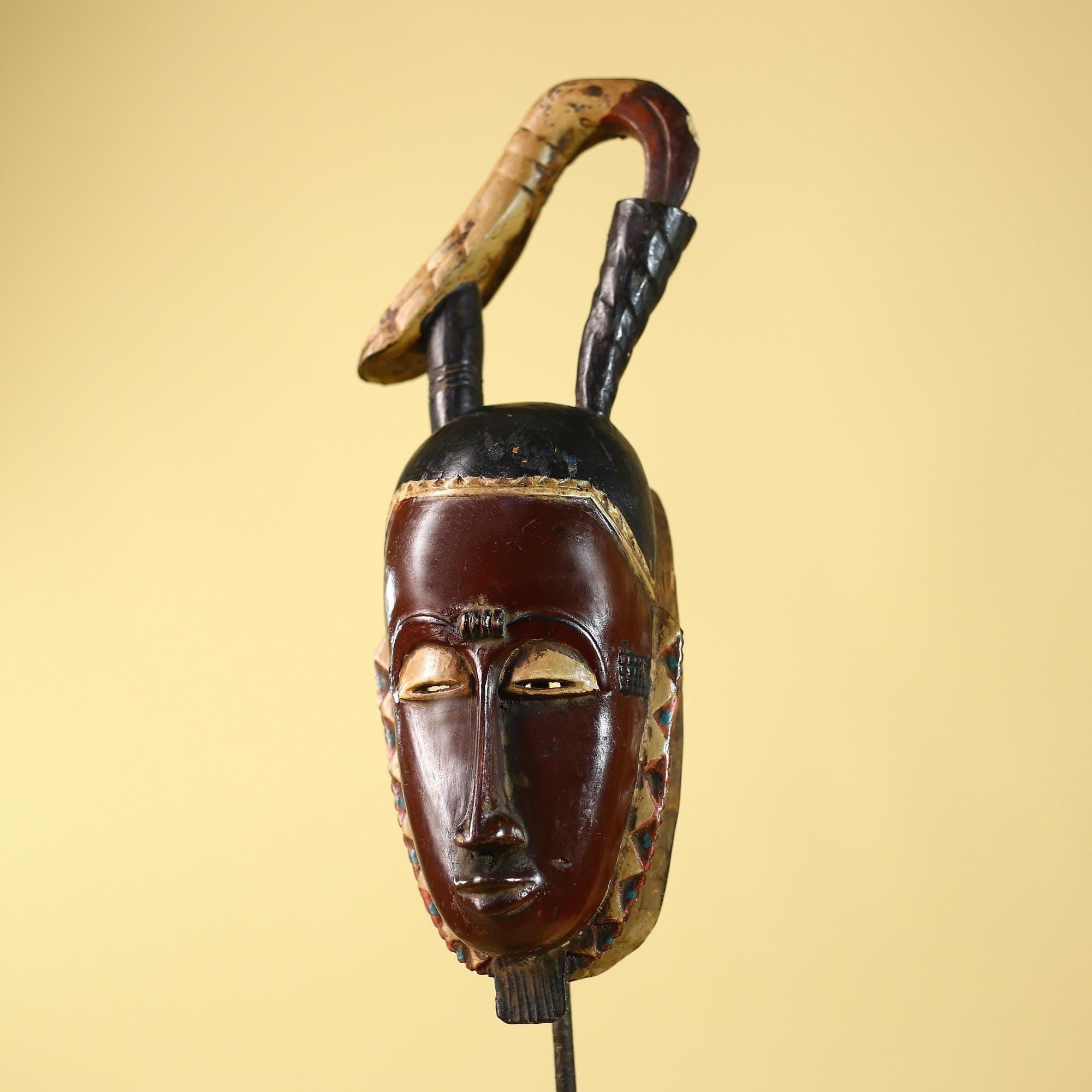 Hand Carved Baule Hooked Crest Wooden Tribal Mask Rare Collector Piece-G6120