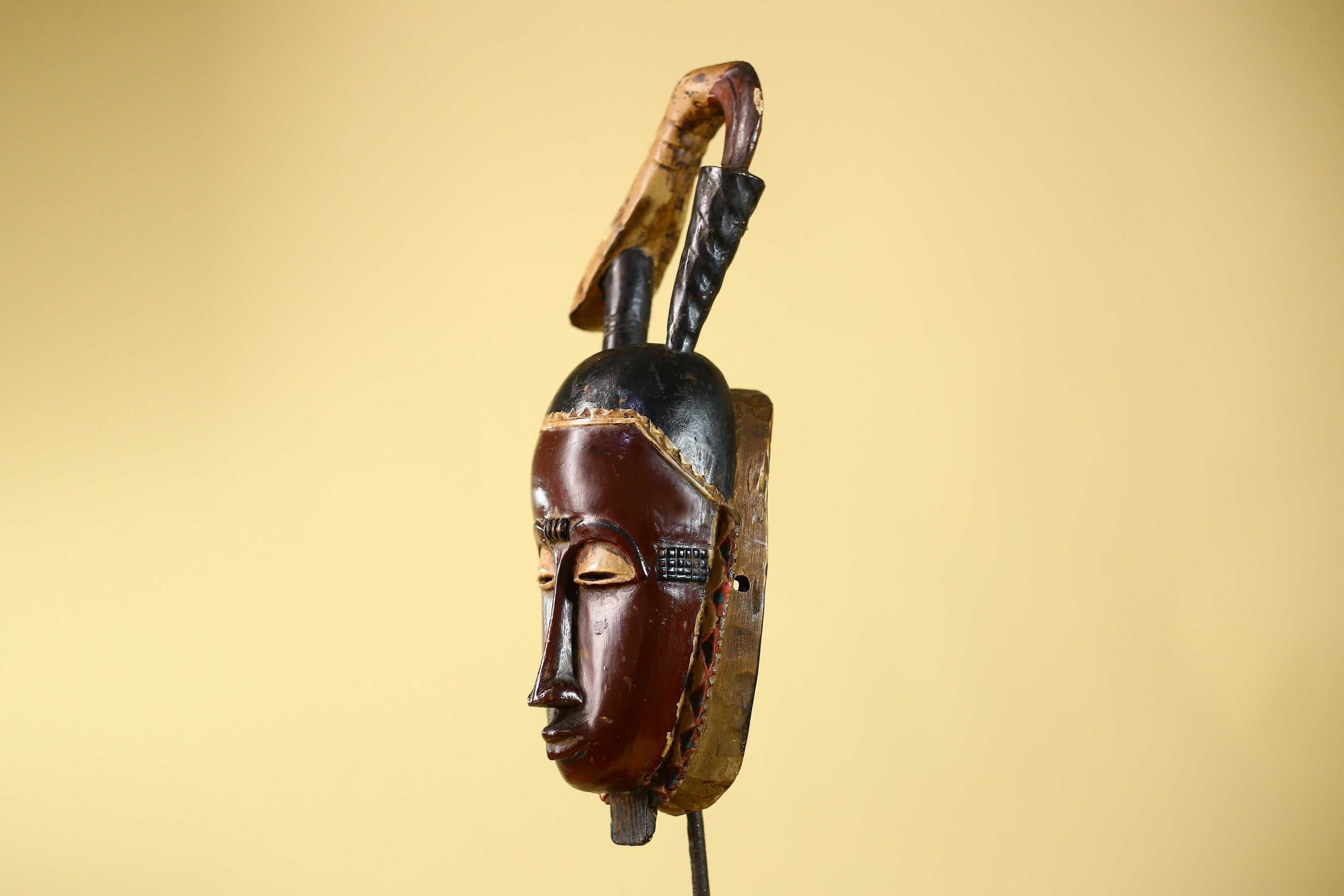 Hand Carved Baule Hooked Crest Wooden Tribal Mask Rare Collector Piece-G6120