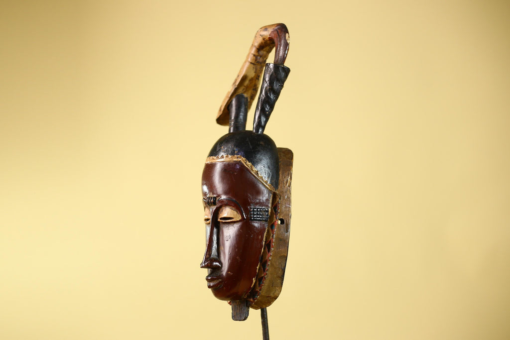 Hand Carved Baule Hooked Crest Wooden Tribal Mask Rare Collector Piece-G6120