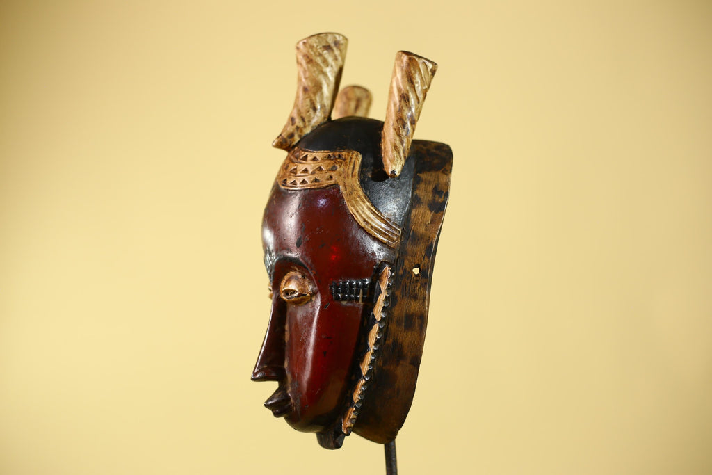Vintage African Mask Baule Tribal Art with Triple Horn Crest Hand Carved Wood-G6121