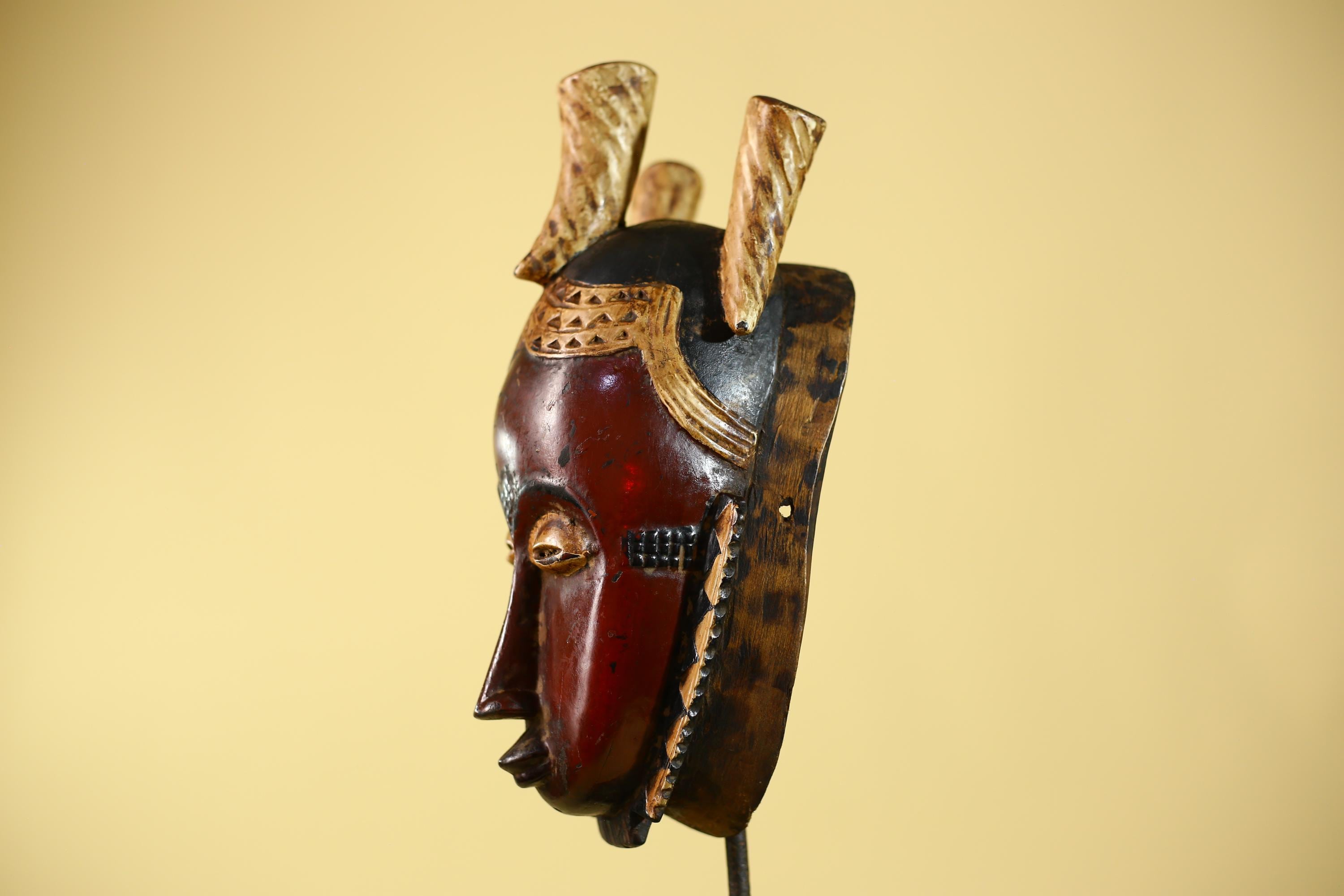 Vintage African Mask Baule Tribal Art with Triple Horn Crest Hand Carved Wood-G6121