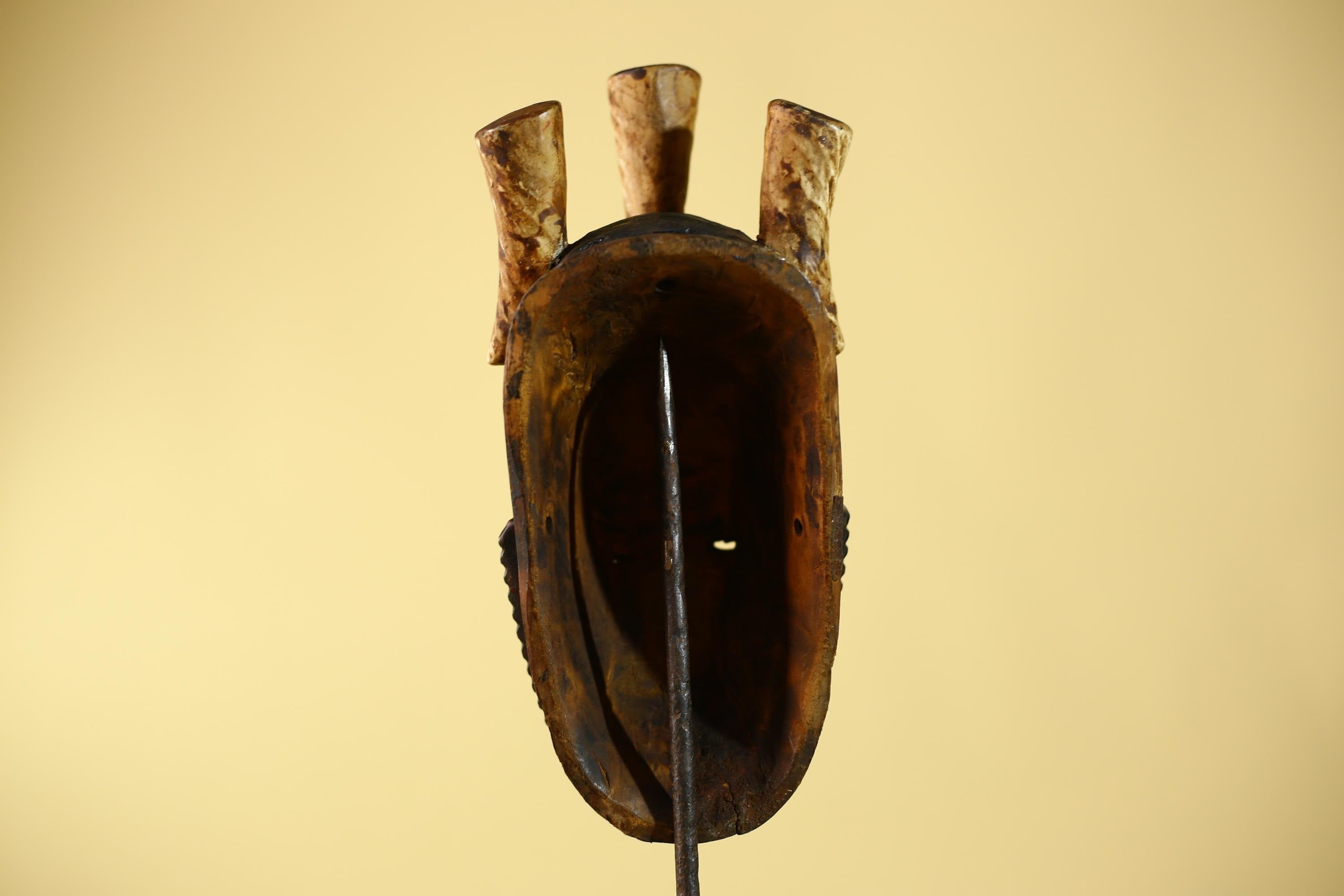 Vintage African Mask Baule Tribal Art with Triple Horn Crest Hand Carved Wood-G6121