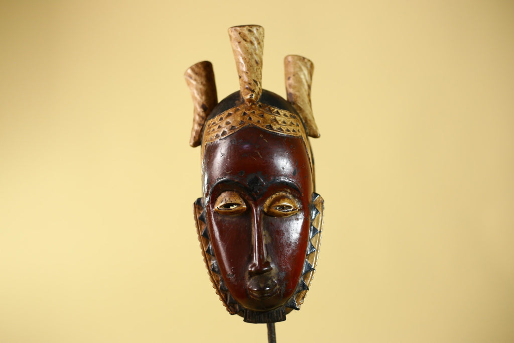 Vintage African Mask Baule Tribal Art with Triple Horn Crest Hand Carved Wood-G6121
