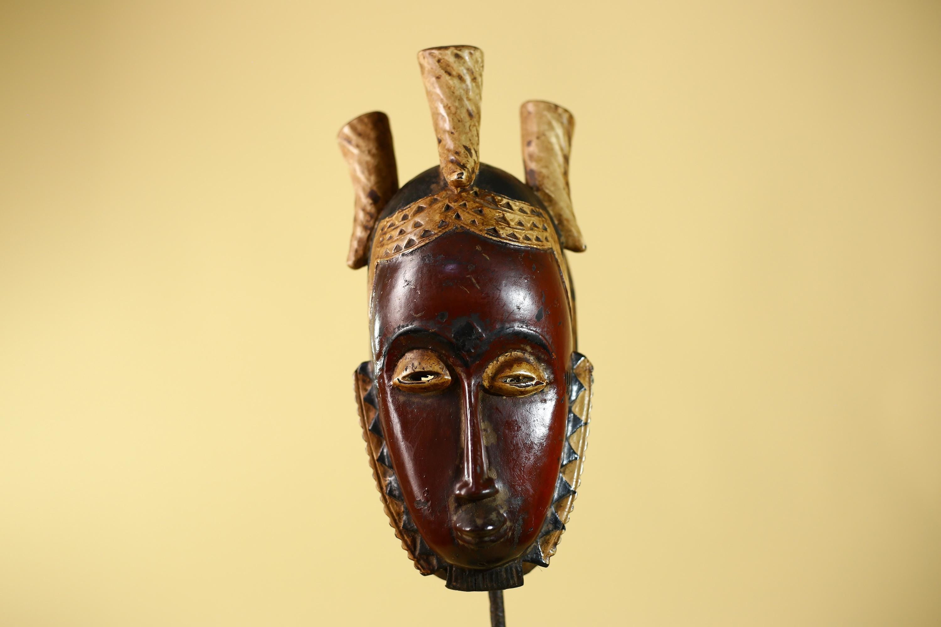 Vintage African Mask Baule Tribal Art with Triple Horn Crest Hand Carved Wood-G6121