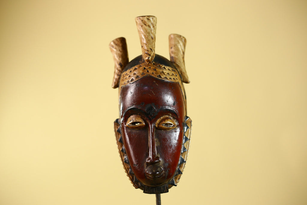 Vintage African Mask Baule Tribal Art with Triple Horn Crest Hand Carved Wood-G6121