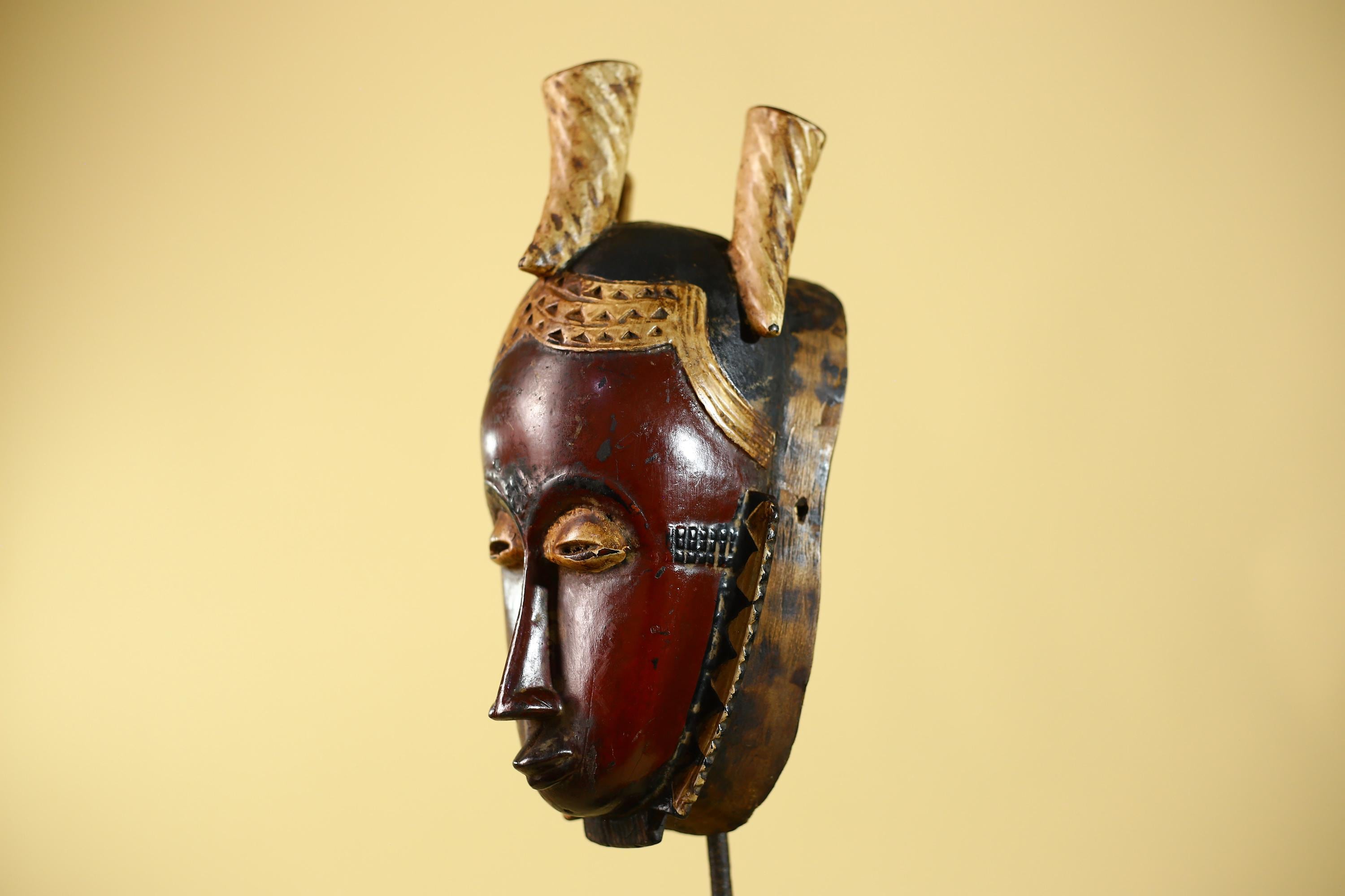 Vintage African Mask Baule Tribal Art with Triple Horn Crest Hand Carved Wood-G6121