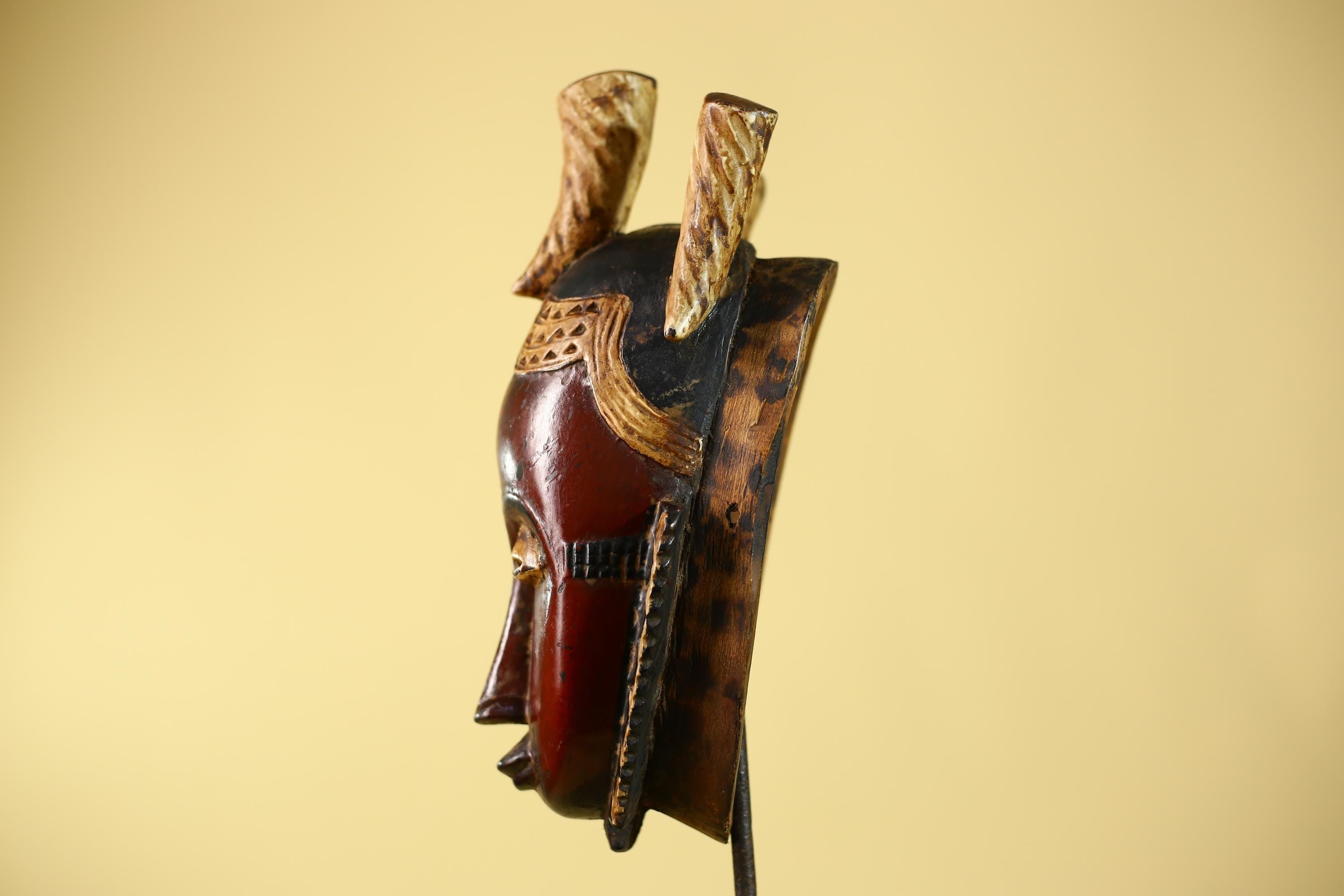 Vintage African Mask Baule Tribal Art with Triple Horn Crest Hand Carved Wood-G6121