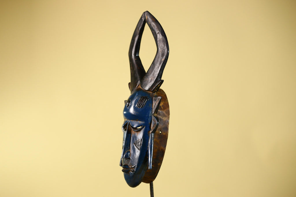 Vintage African Mask Baule Style Tribal Art with Tall Horn Crest Hand Carved-G6122