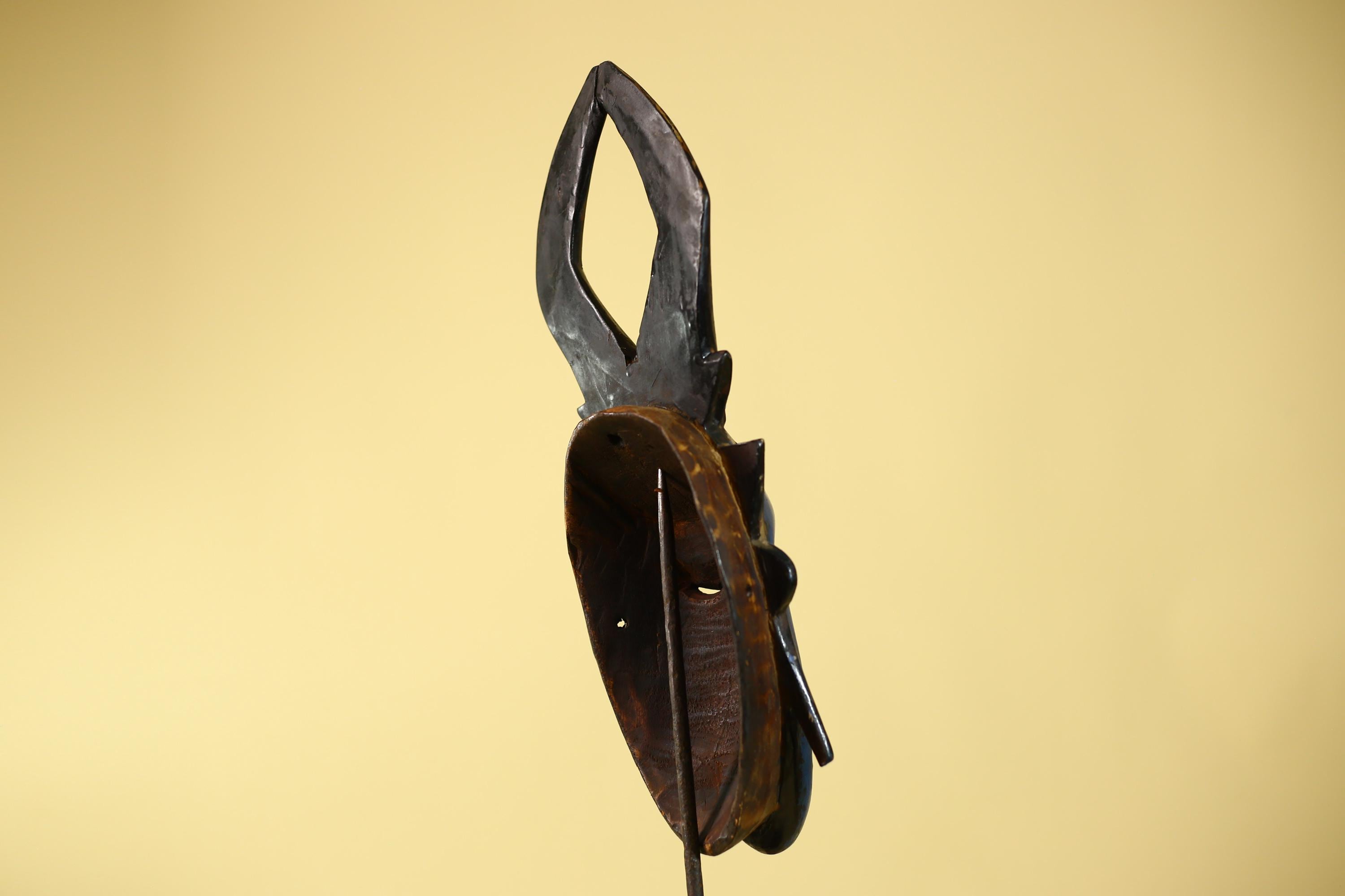 Vintage African Mask Baule Style Tribal Art with Tall Horn Crest Hand Carved-G6122