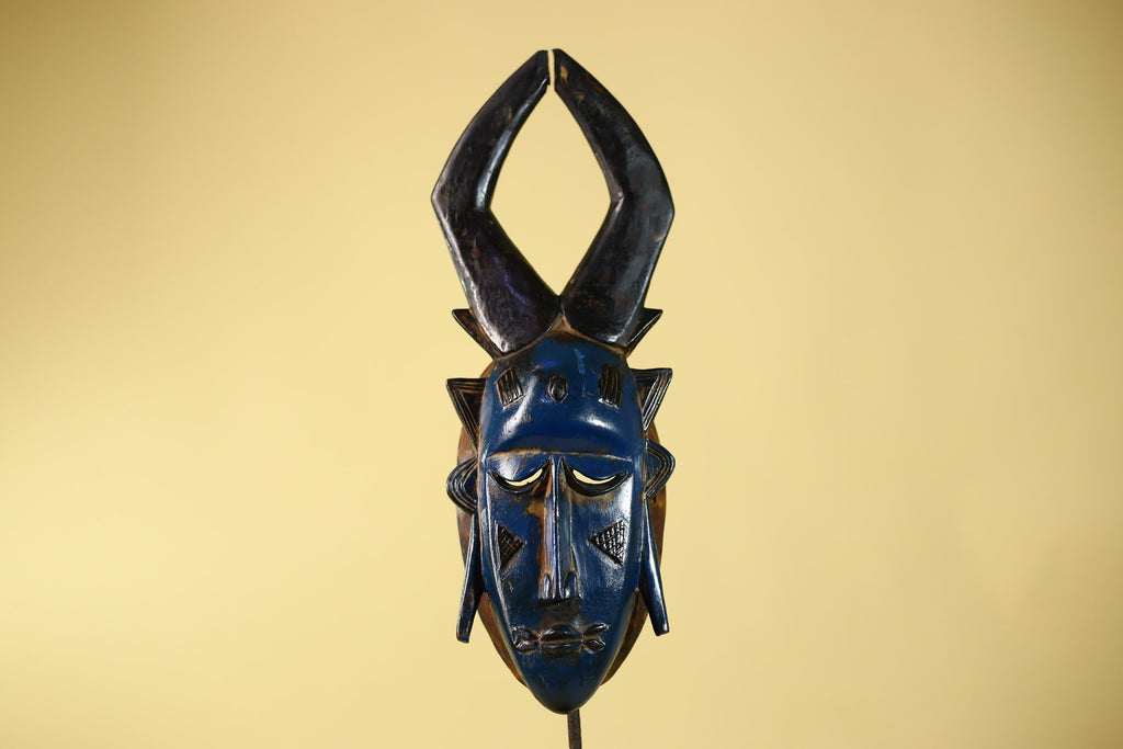 Vintage African Mask Baule Style Tribal Art with Tall Horn Crest Hand Carved-G6122