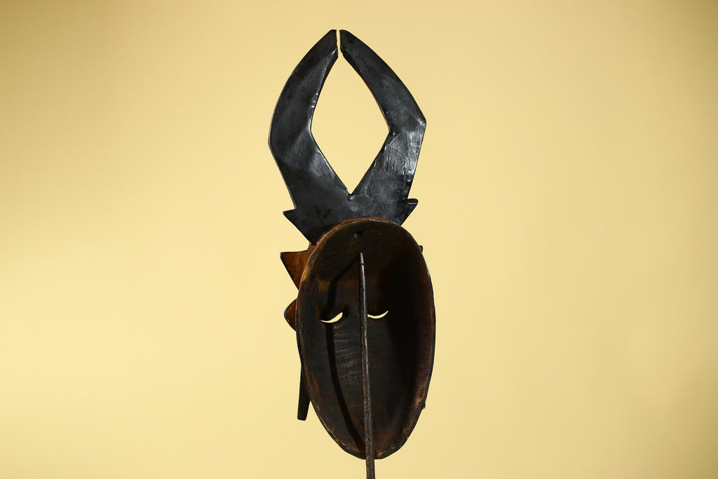 Vintage African Mask Baule Style Tribal Art with Tall Horn Crest Hand Carved-G6122
