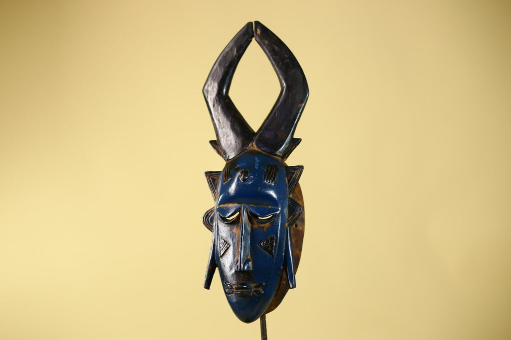 Vintage African Mask Baule Style Tribal Art with Tall Horn Crest Hand Carved-G6122