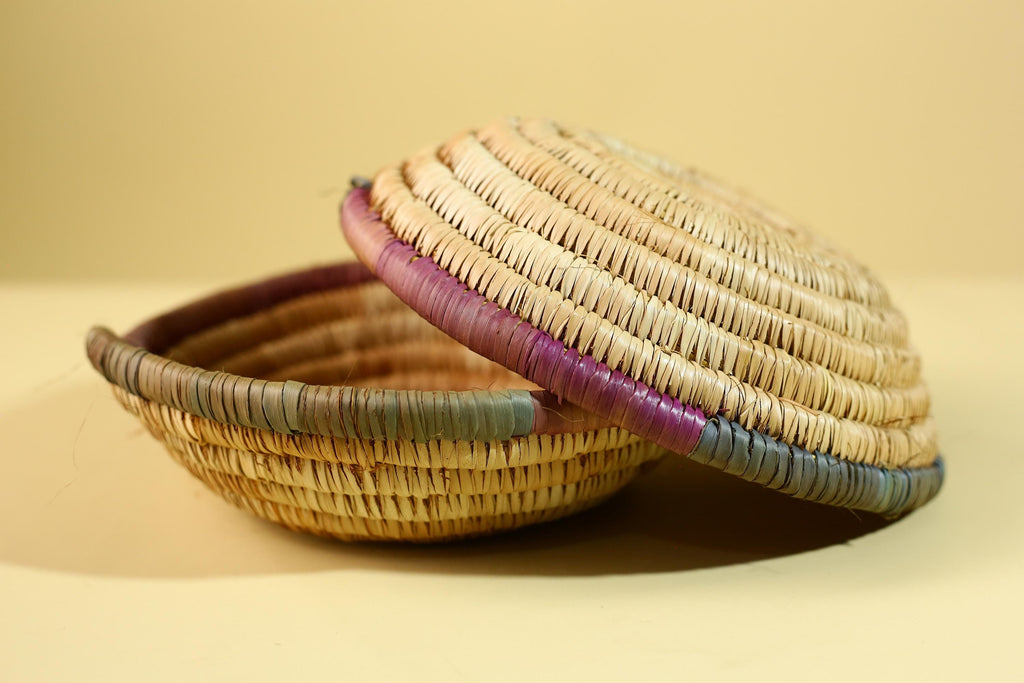 African Handwoven Basket with Lid – Tribal Woven Storage Basket Decor-G6218