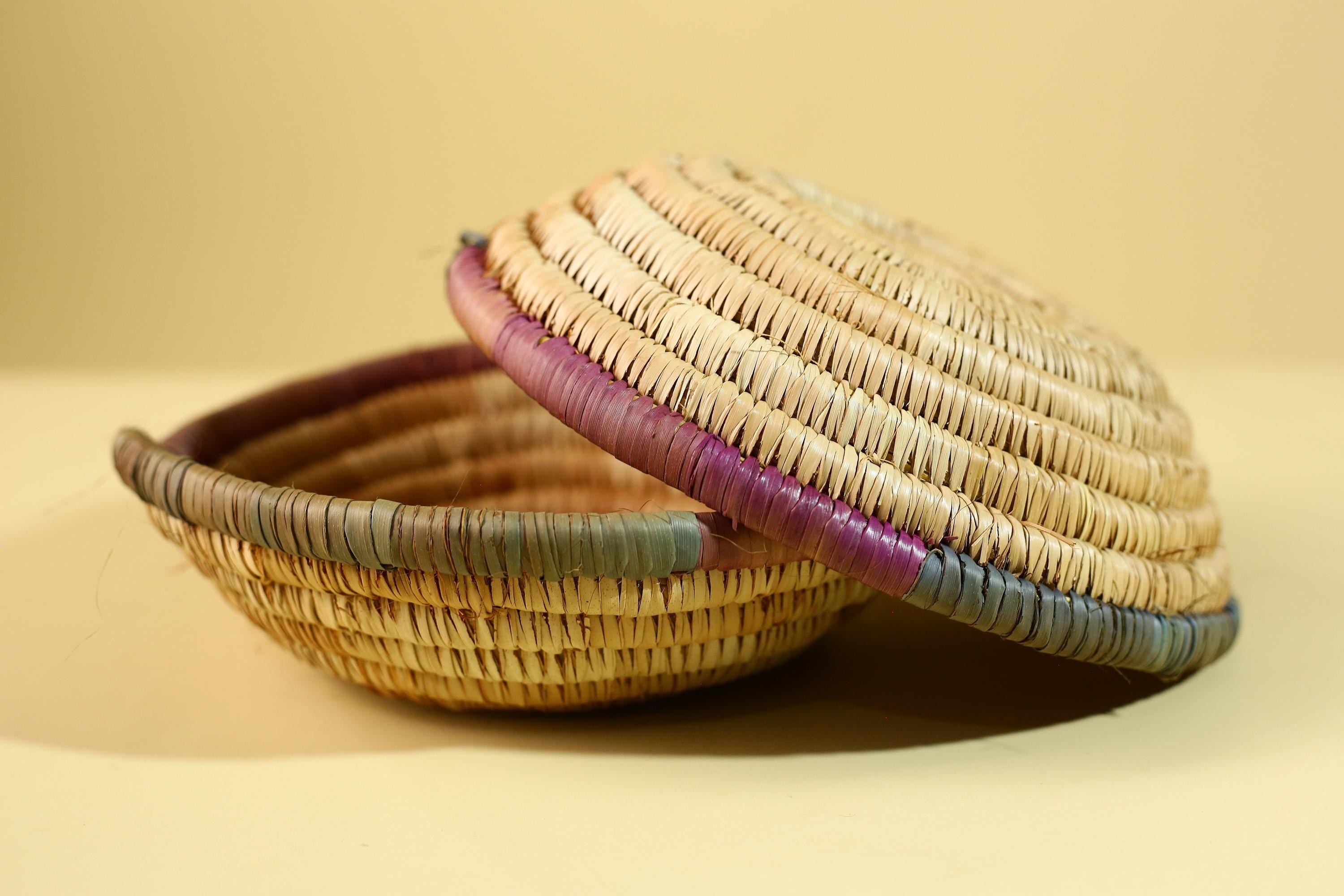 African Handwoven Basket with Lid – Tribal Woven Storage Basket Decor-G6218
