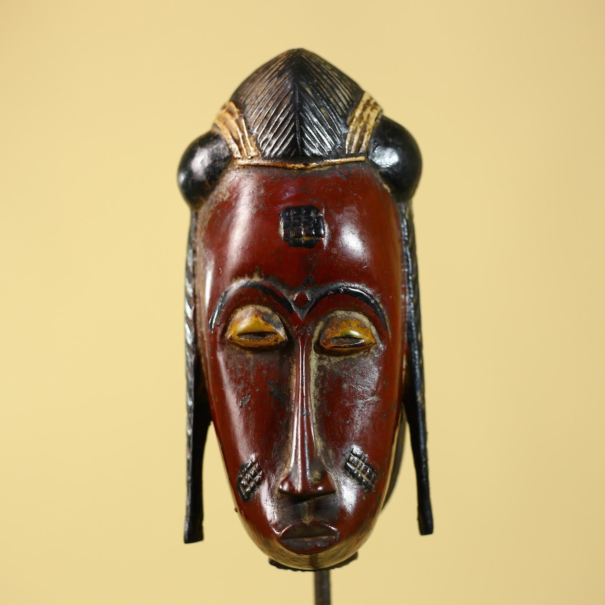 Handcrafted African Guro Mask: Dark-Red Face Tribal Wood Sculpture Ethnic-G6125