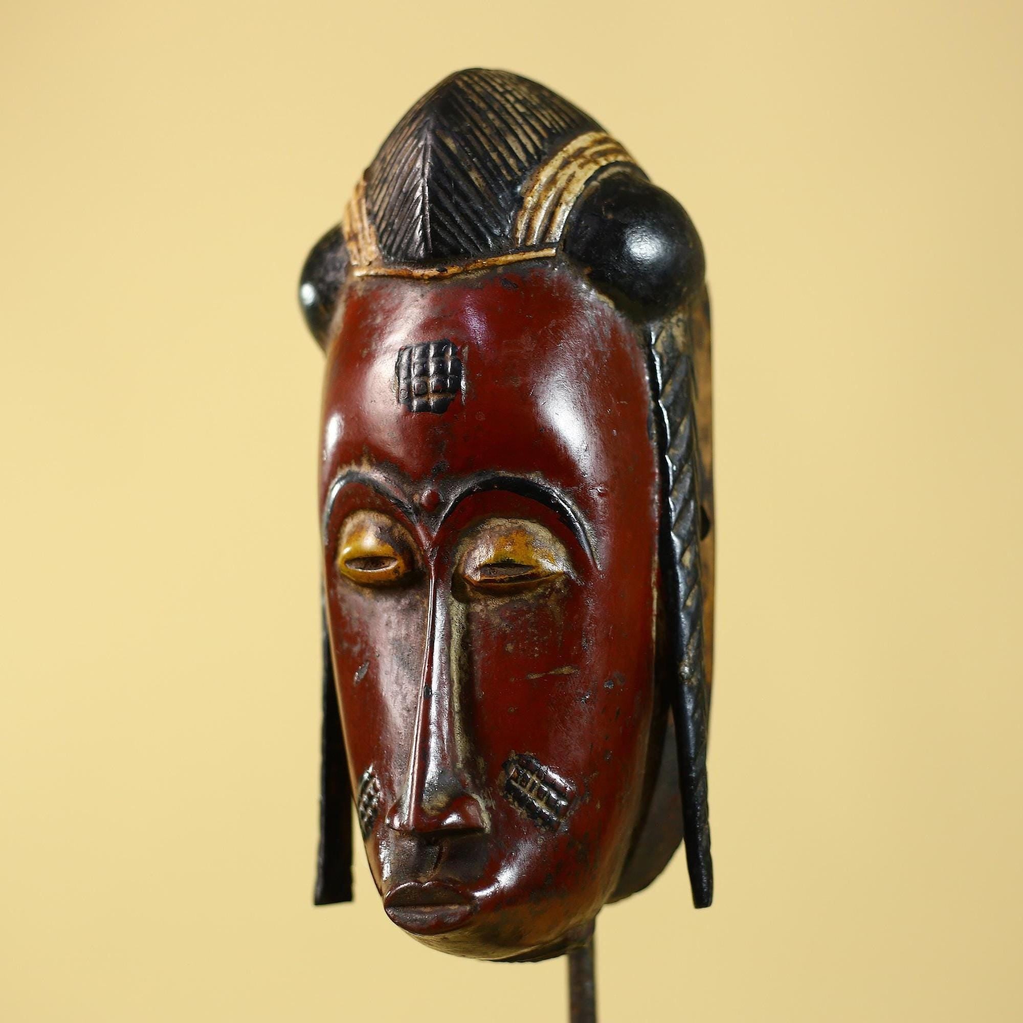 Handcrafted African Guro Mask: Dark-Red Face Tribal Wood Sculpture Ethnic-G6125