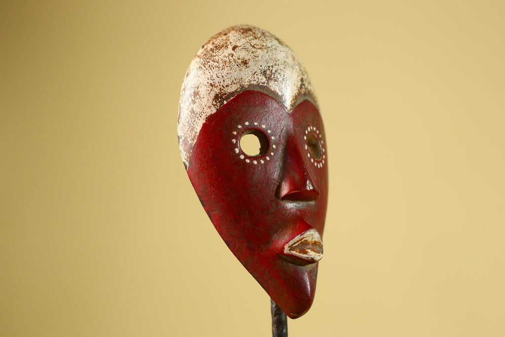 Hand Carved African Dan Mask, Red Tribal Face Mask, Wall Art Decor-G6221