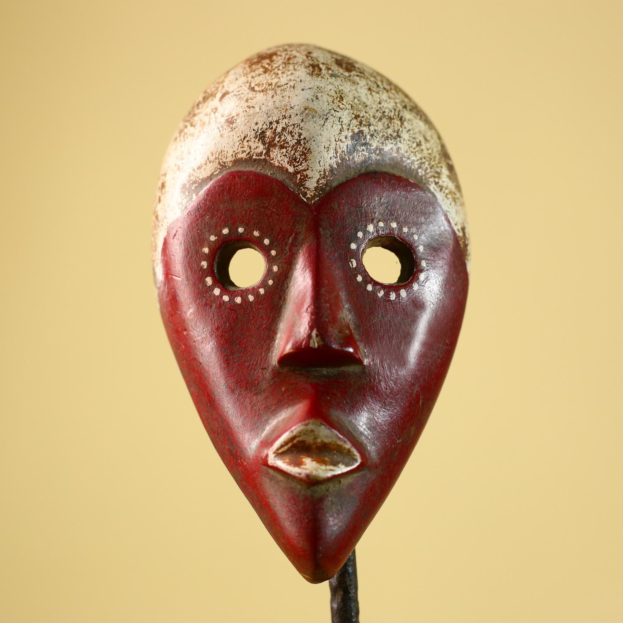 Hand Carved African Dan Mask, Red Tribal Face Mask, Wall Art Decor-G6221
