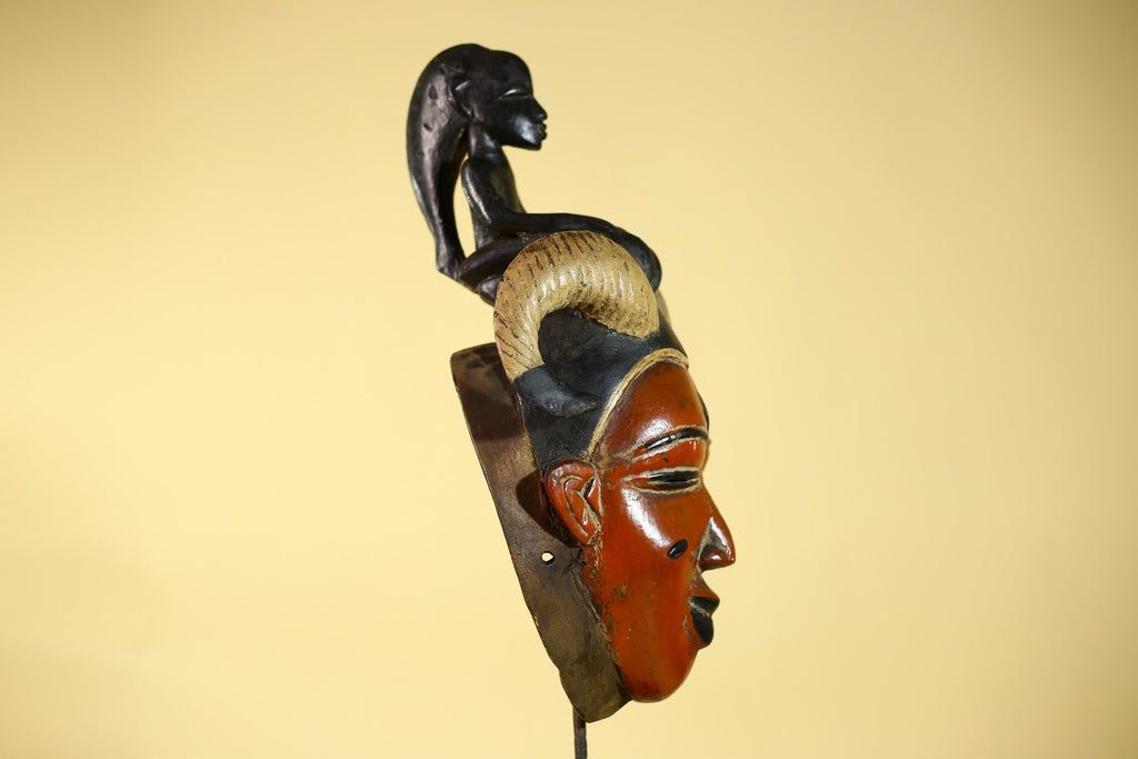 Vintage African Guro Horned Mask with Figure Hand Carved Wooden Tribal Wall Art-G6127