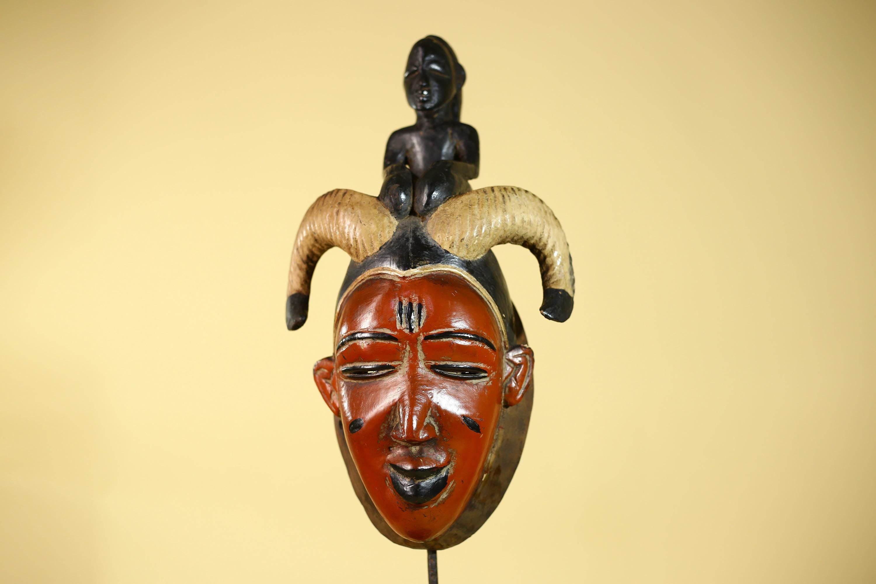 Vintage African Guro Horned Mask with Figure Hand Carved Wooden Tribal Wall Art-G6127