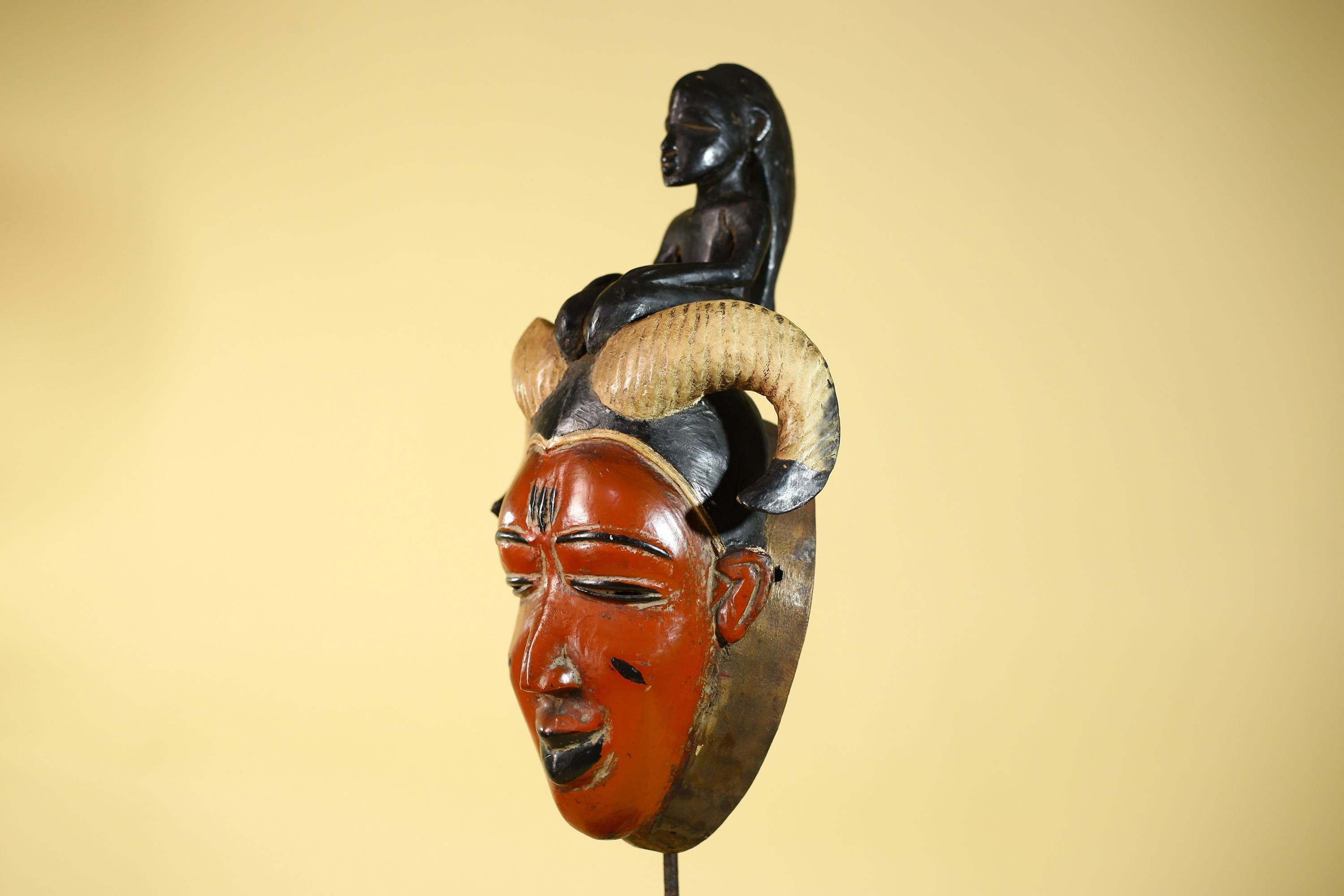 Vintage African Guro Horned Mask with Figure Hand Carved Wooden Tribal Wall Art-G6127
