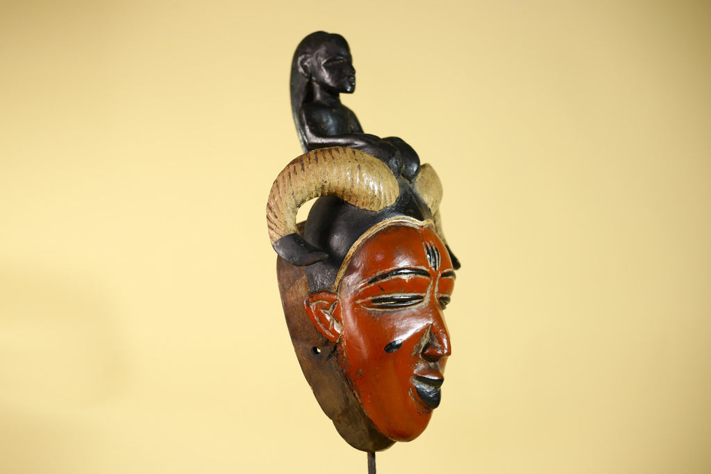 Vintage African Guro Horned Mask with Figure Hand Carved Wooden Tribal Wall Art-G6127