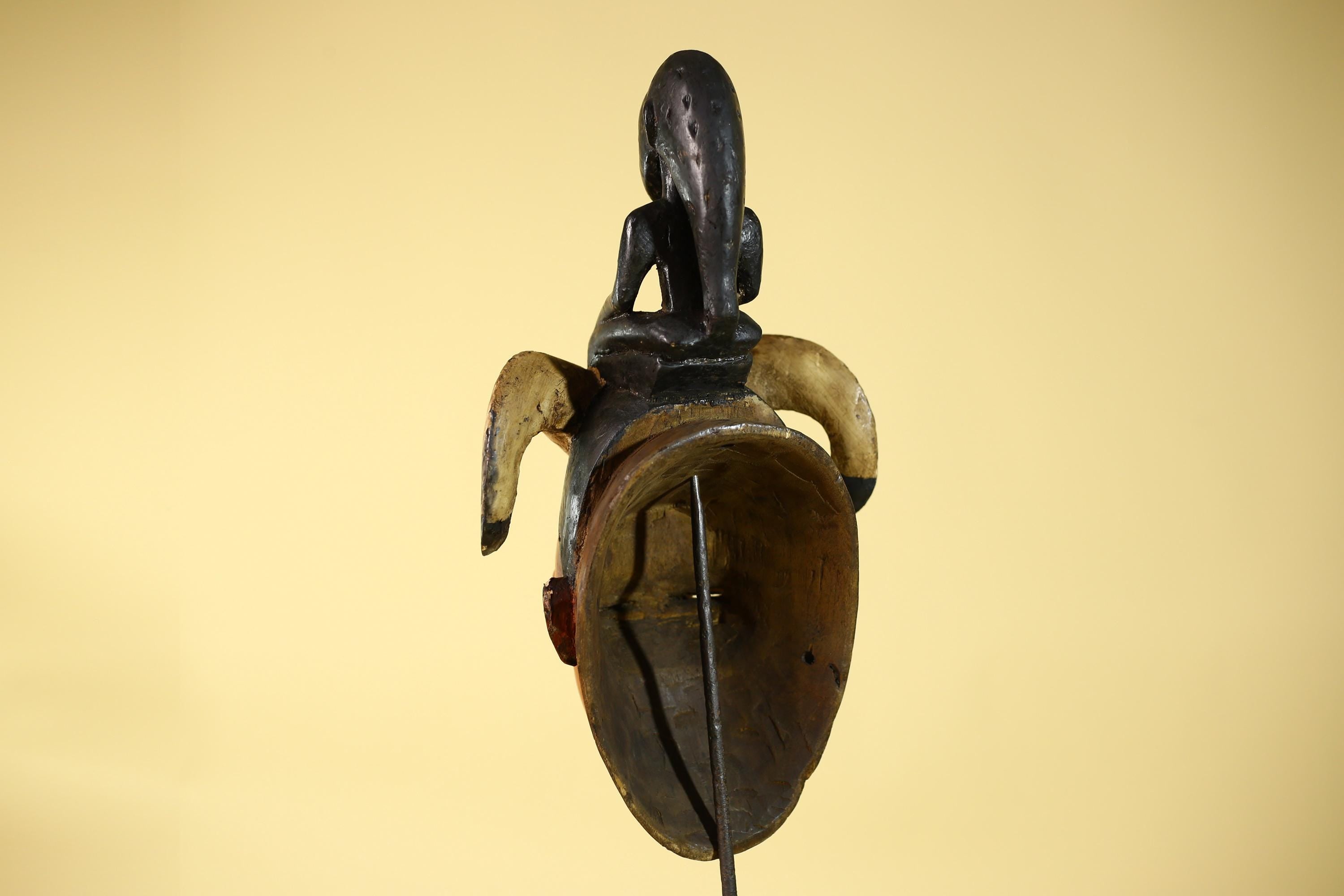 Vintage African Guro Horned Mask with Figure Hand Carved Wooden Tribal Wall Art-G6127