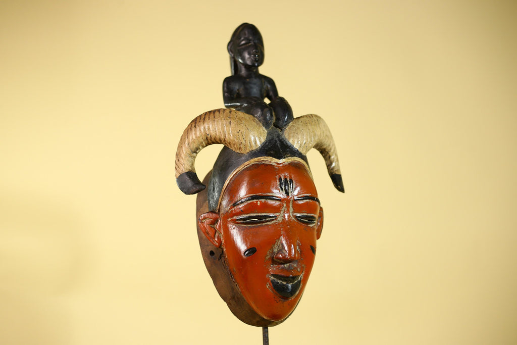 Vintage African Guro Horned Mask with Figure Hand Carved Wooden Tribal Wall Art-G6127