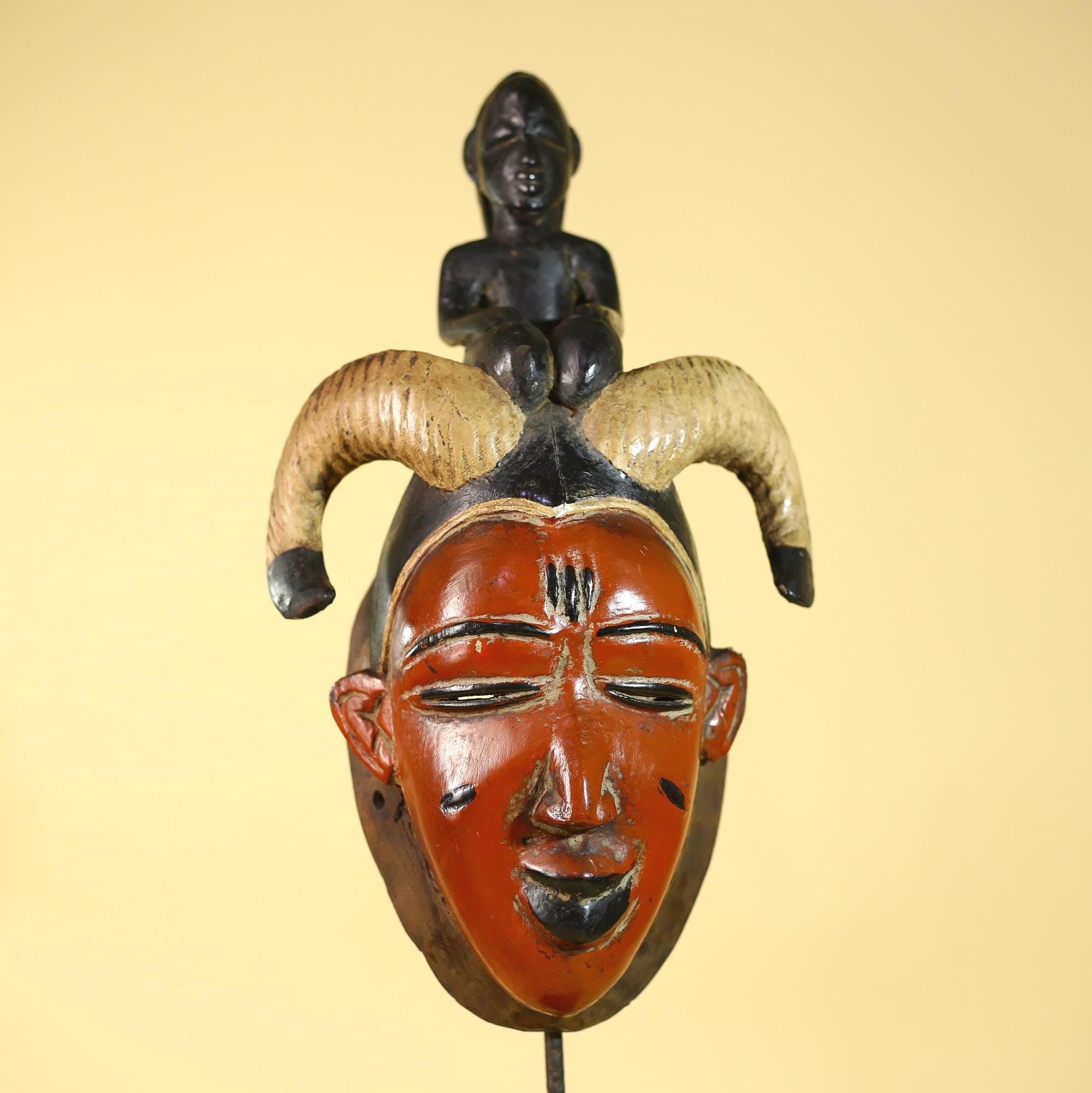 Vintage African Guro Horned Mask with Figure Hand Carved Wooden Tribal Wall Art-G6127