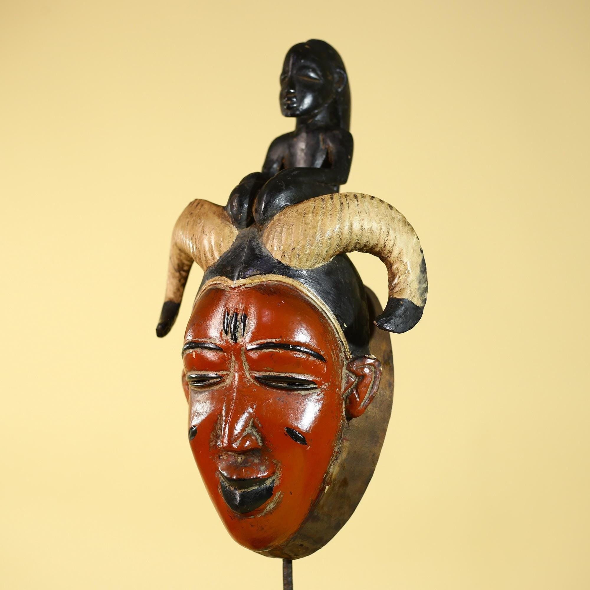 Vintage African Guro Horned Mask with Figure Hand Carved Wooden Tribal Wall Art-G6127