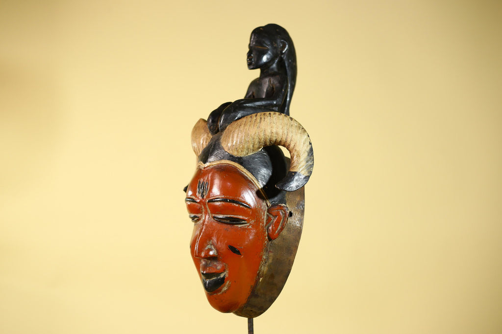 Vintage African Guro Horned Mask with Figure Hand Carved Wooden Tribal Wall Art-G6127