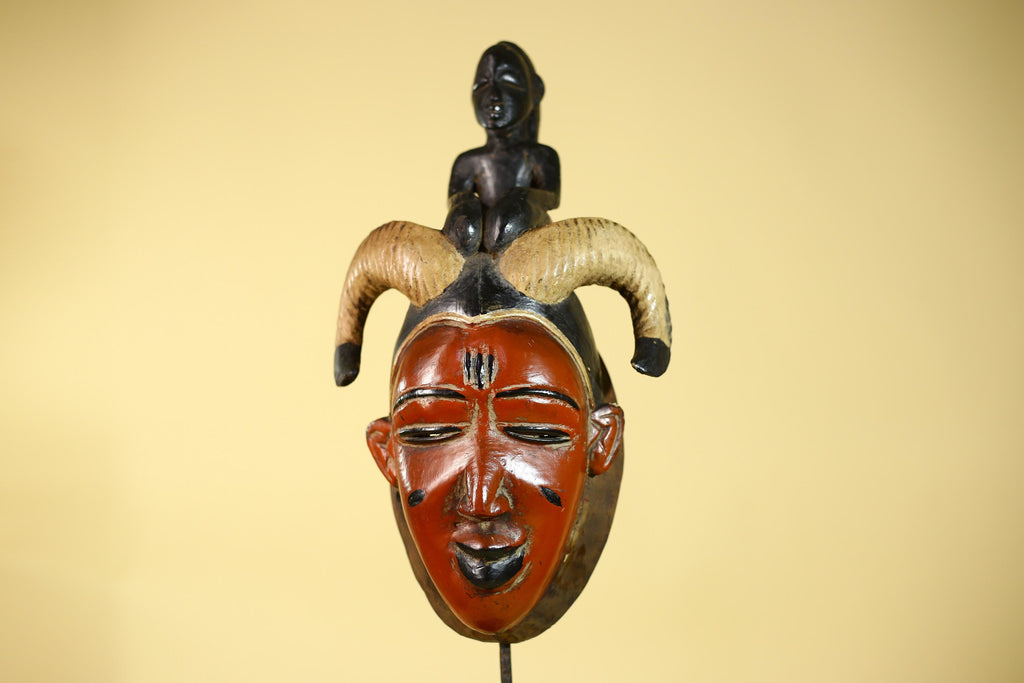 Vintage African Guro Horned Mask with Figure Hand Carved Wooden Tribal Wall Art-G6127
