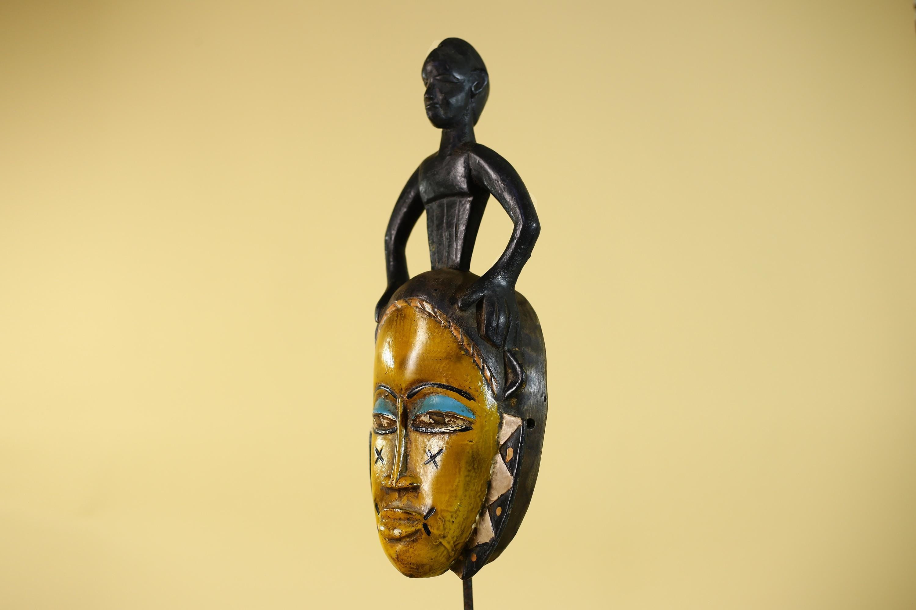 Handmade African Guro Mask with Standing Figure Hand Carved Wooden Tribal Art-G6129
