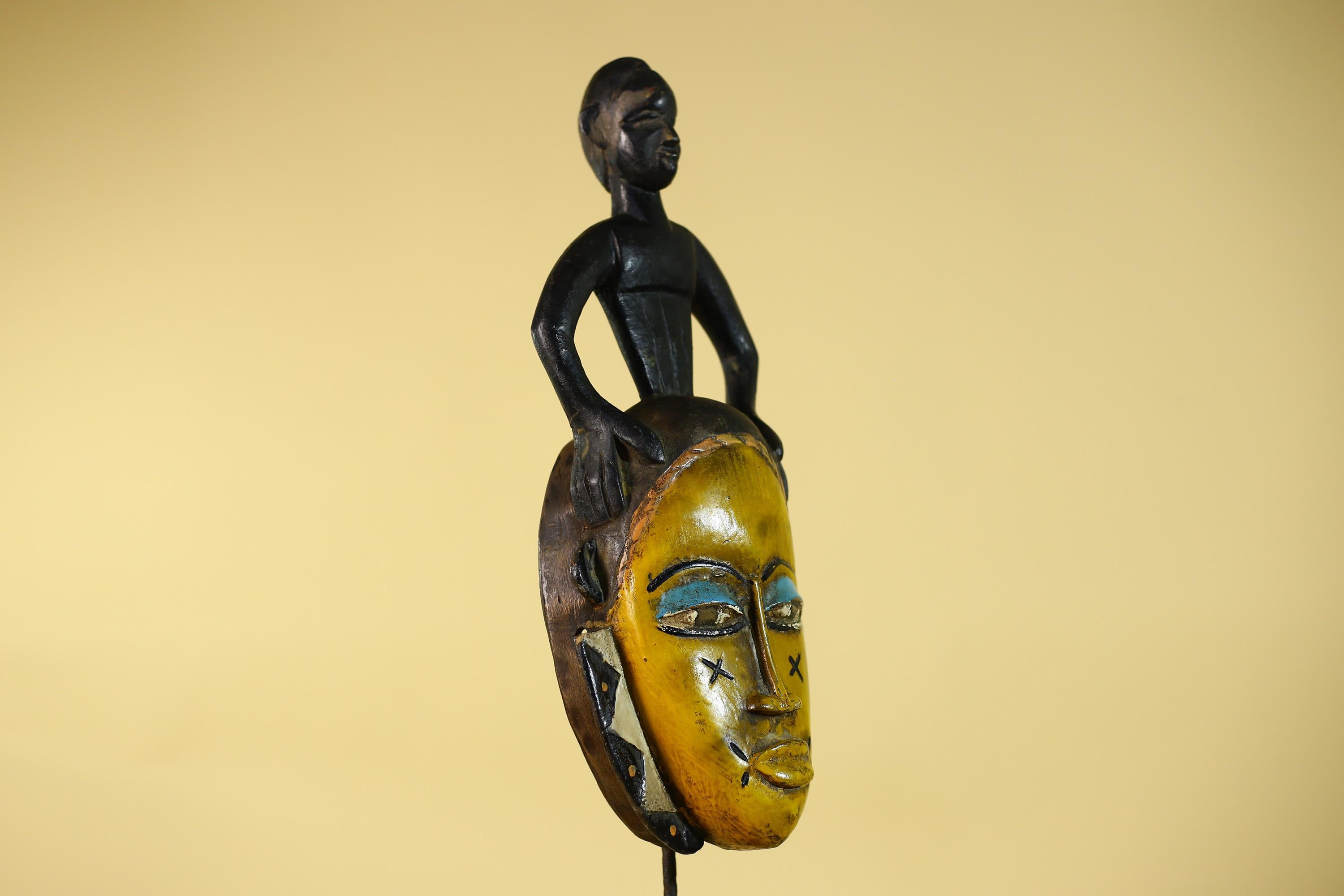 Handmade African Guro Mask with Standing Figure Hand Carved Wooden Tribal Art-G6129
