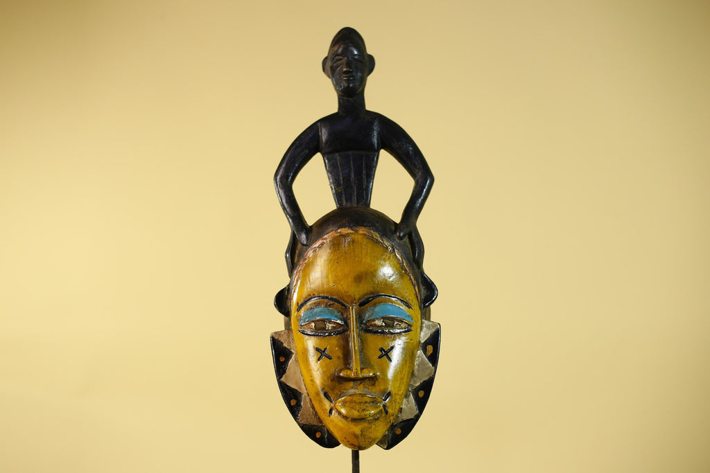 Handmade African Guro Mask with Standing Figure Hand Carved Wooden Tribal Art-G6129