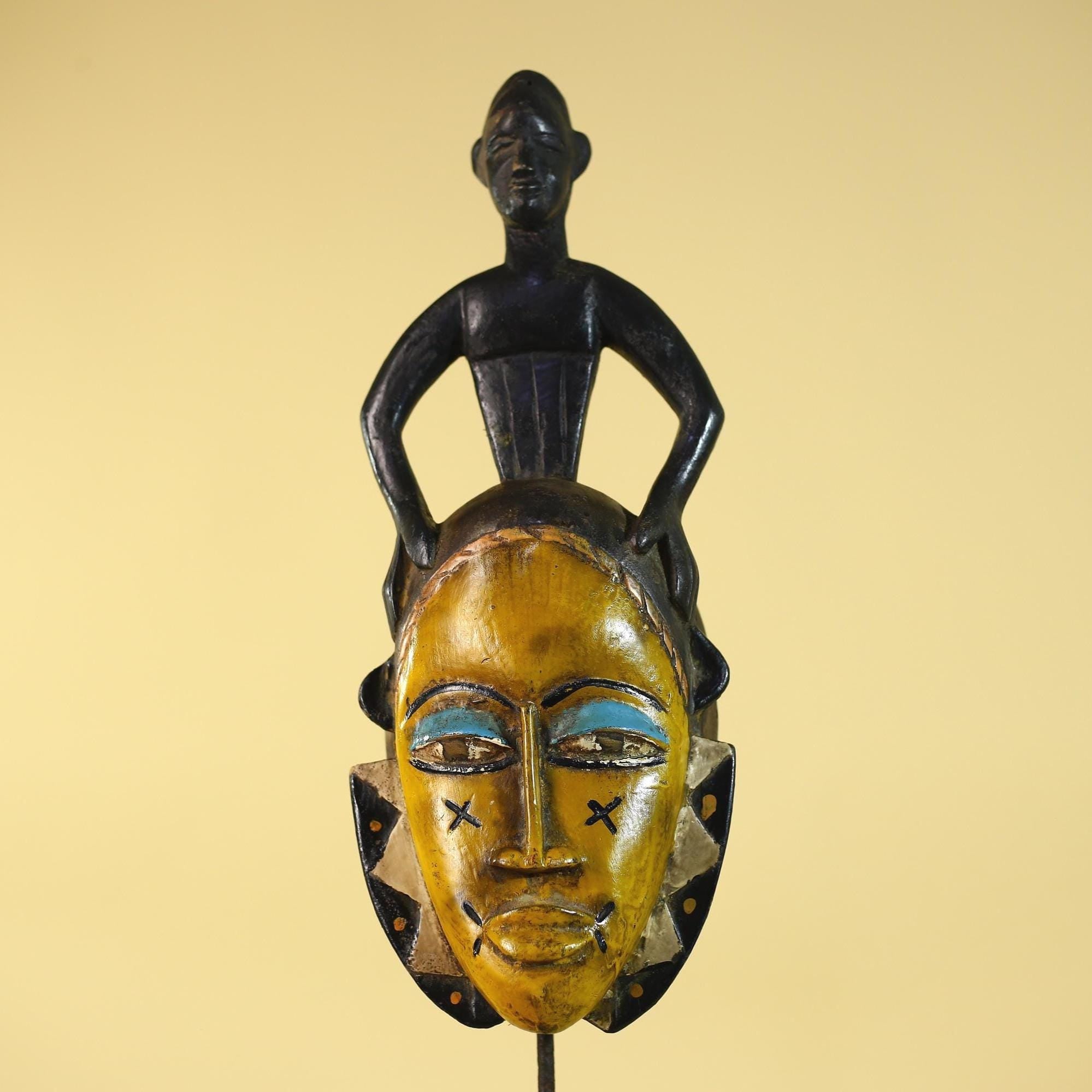 Handmade African Guro Mask with Standing Figure Hand Carved Wooden Tribal Art-G6129