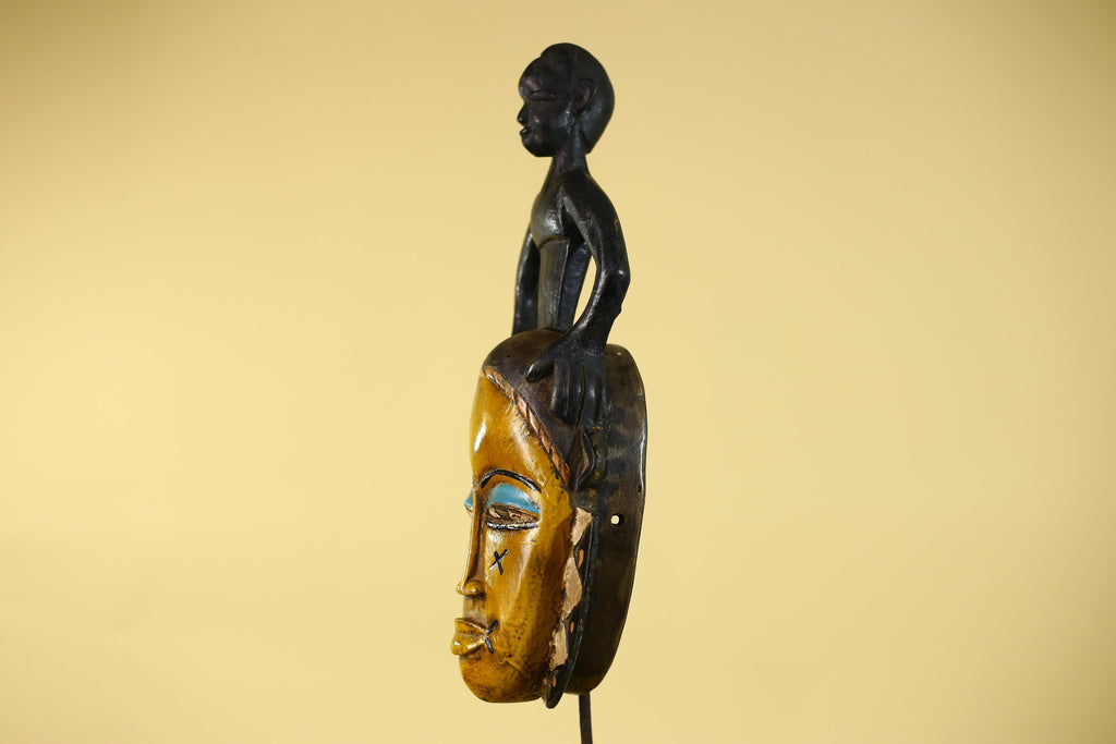 Handmade African Guro Mask with Standing Figure Hand Carved Wooden Tribal Art-G6129