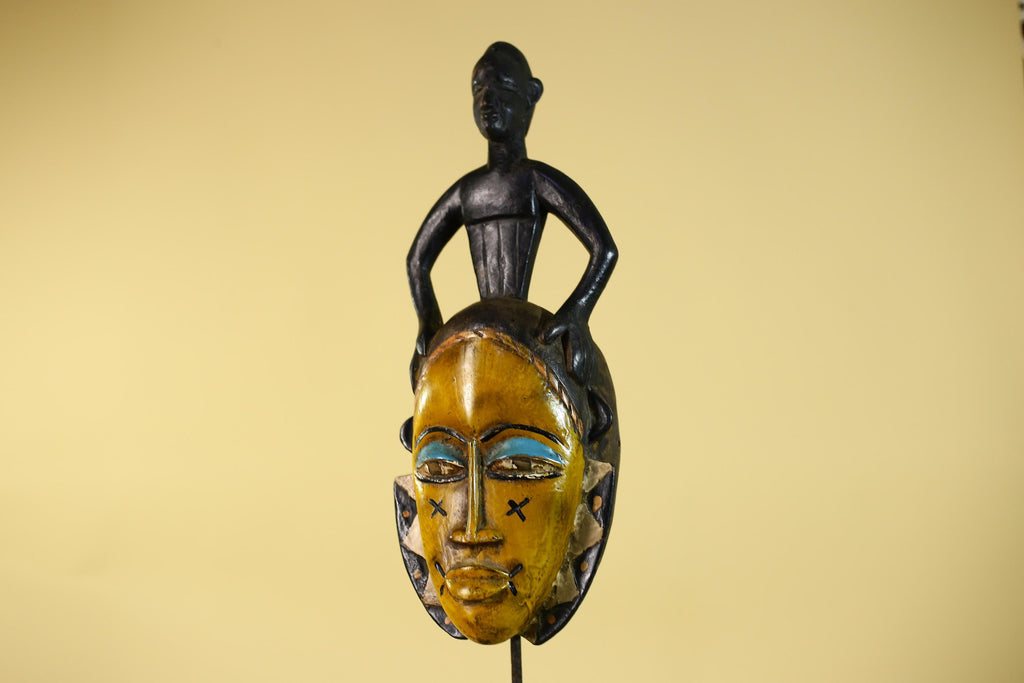 Handmade African Guro Mask with Standing Figure Hand Carved Wooden Tribal Art-G6129