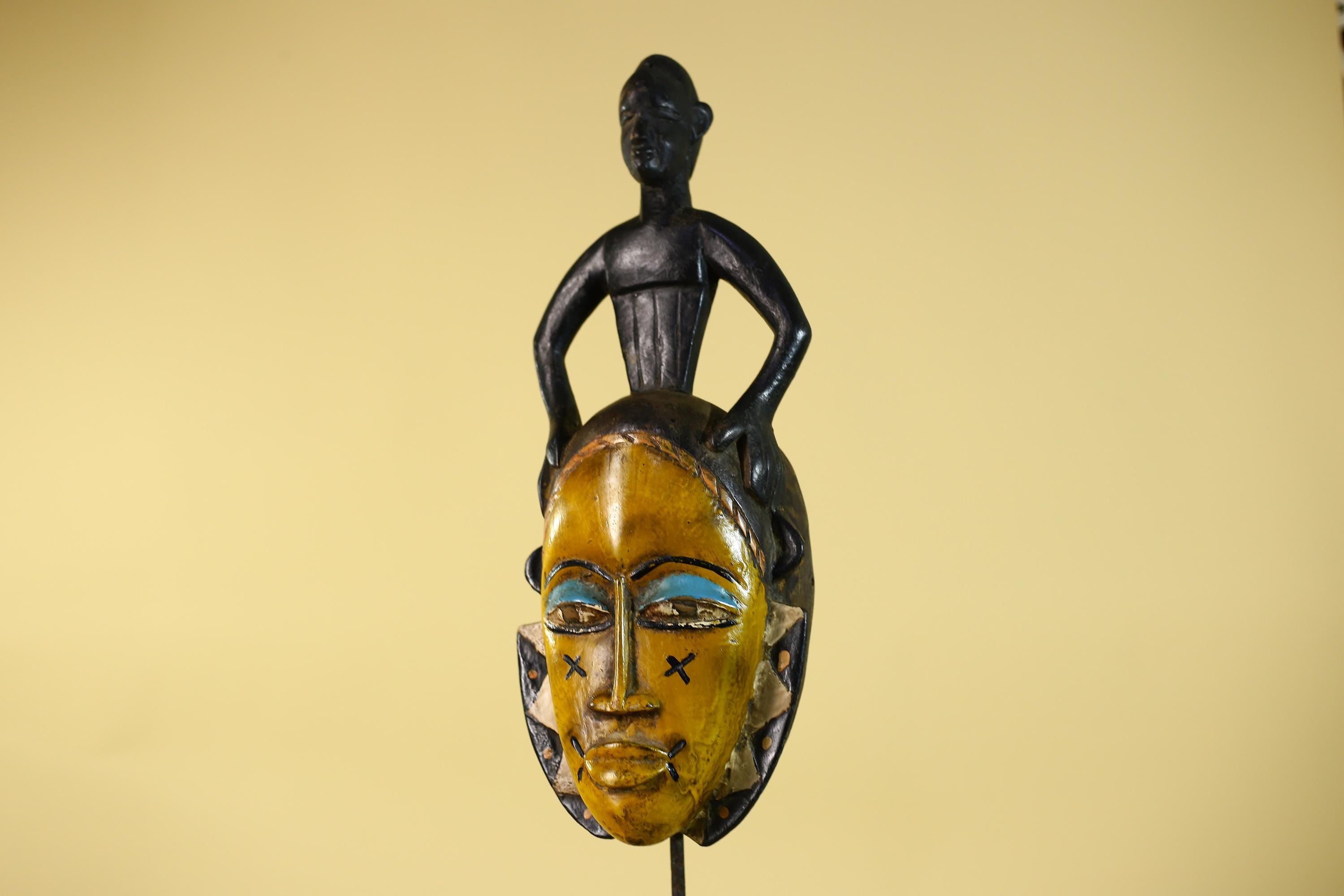 Handmade African Guro Mask with Standing Figure Hand Carved Wooden Tribal Art-G6129