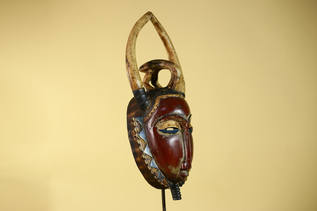 African Guro Horned Mask with Bird Crest Hand Carved Wall Art-G6130