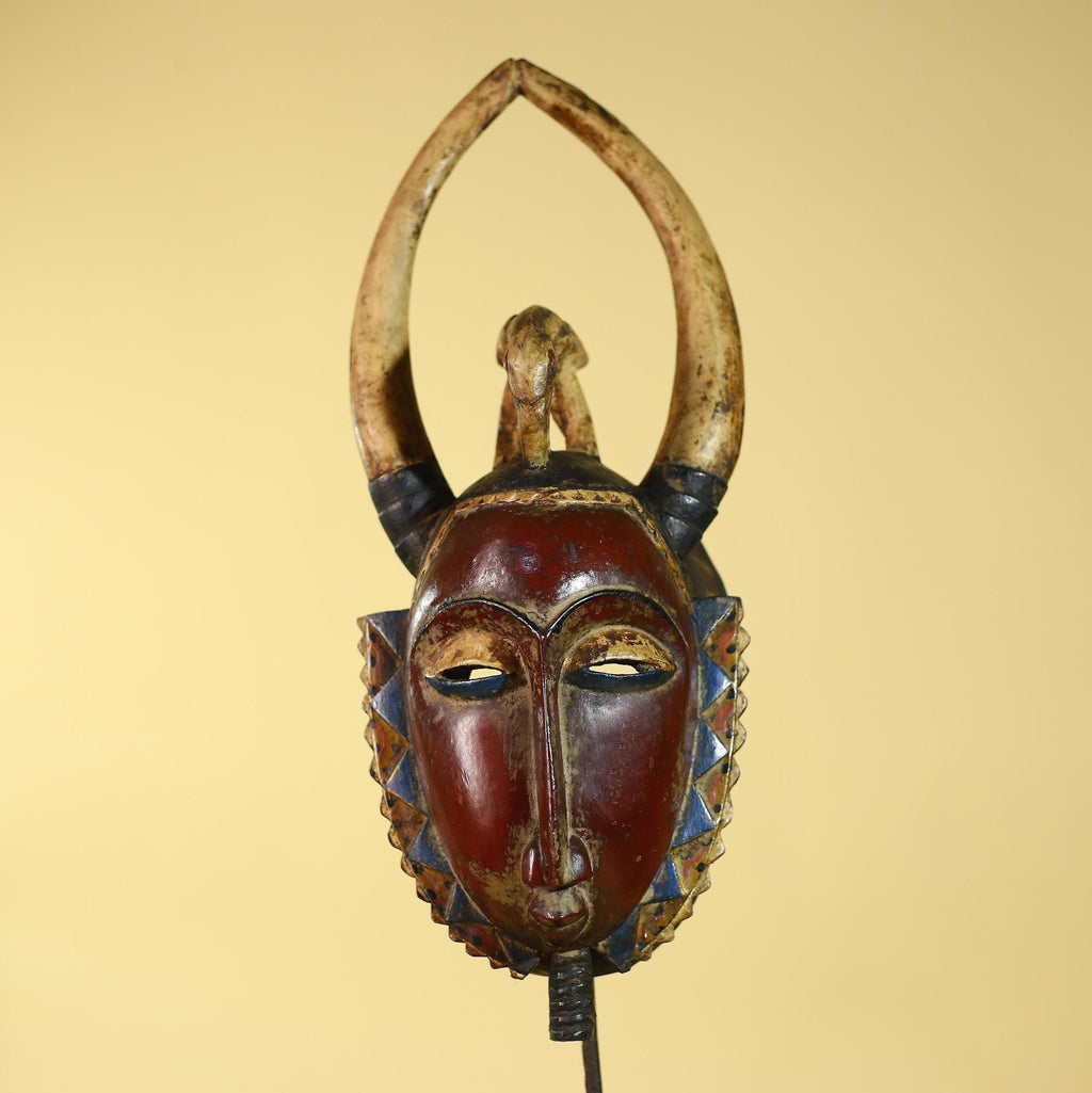 African Guro Horned Mask with Bird Crest Hand Carved Wall Art-G6130