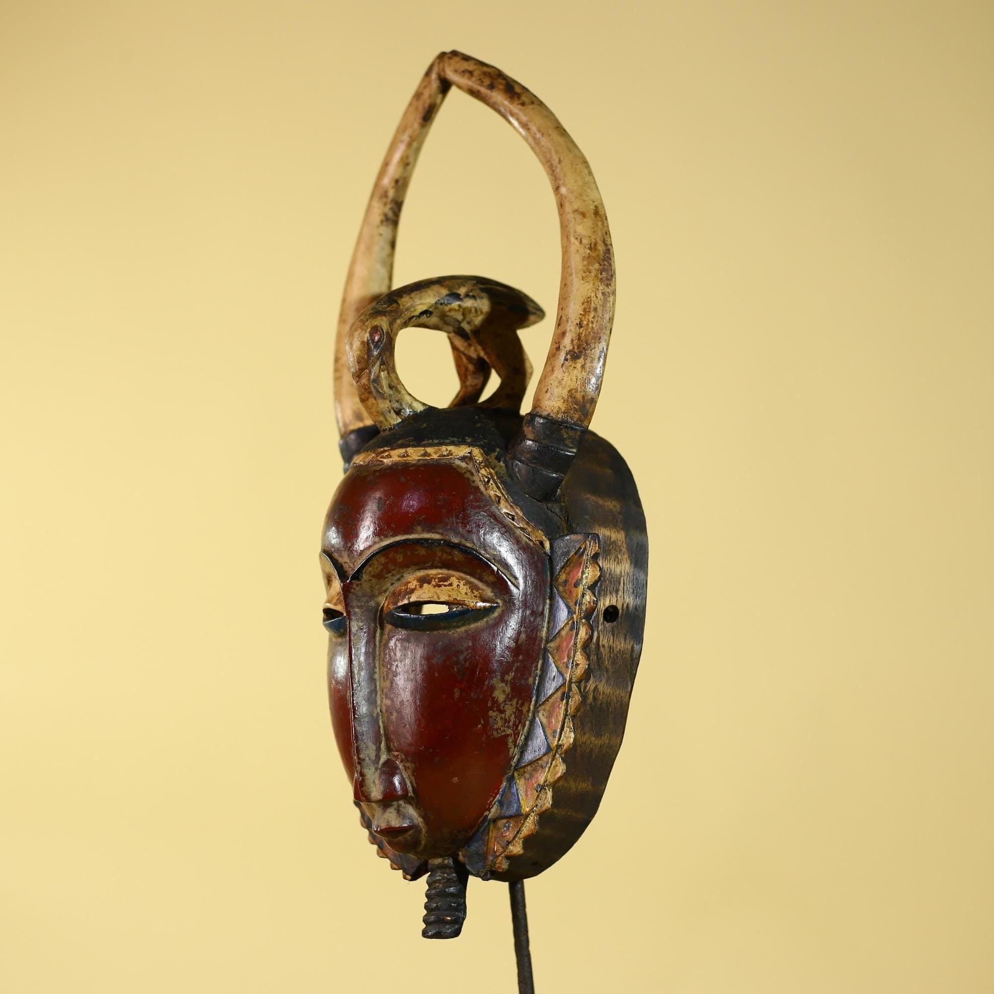 African Guro Horned Mask with Bird Crest Hand Carved Wall Art-G6130