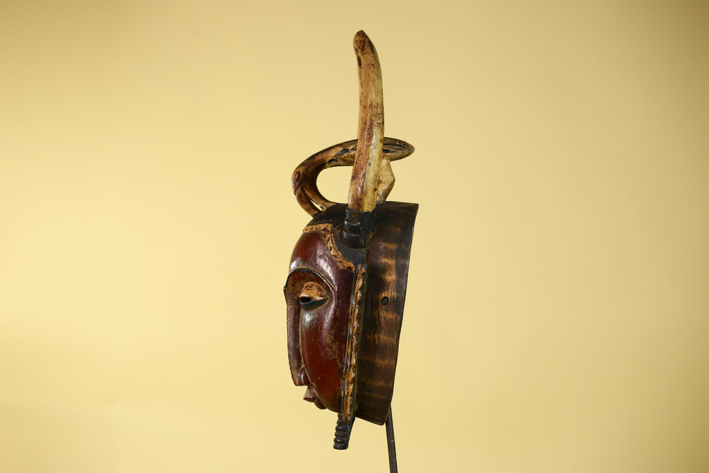 African Guro Horned Mask with Bird Crest Hand Carved Wall Art-G6130